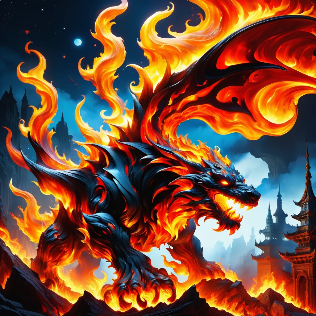 hyper detailed masterpiece, dynamic, awesome quality,DonMF1r3XL firey robust nightmarescape <lora:DonMF1r3XL-000006:0.85>