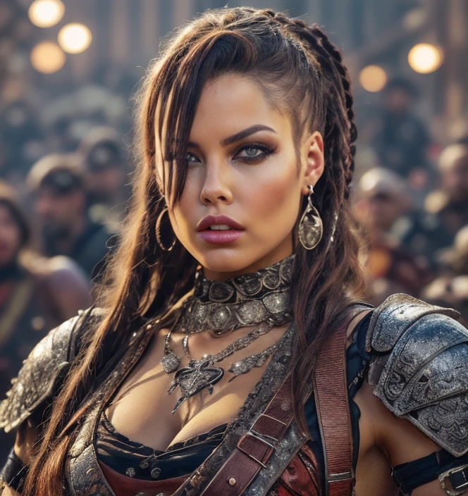 (masterpiece:1.2), (best quality,:1.2), 8k, HDR, ultra detailed, ((photorealistic)), professional light, cinematic lighting, fashion photography, ambient lighting, face lighting, Bridgette, <lora:Bridgette-10:1>, dynamic pose, earrings, choker, messy and long hair, dark makeup, ((upper body shot)), OverallDetail, fhanddetail, ffacedetail, middle-aged, as female survivor, wearing leather and scrap metal armor, <lora:detail_slider_v4:3.5>, looking at viewer, <lora:PostApocalypticV1:0.6>, 99post96apocalyptic44, in a deathmatch arena