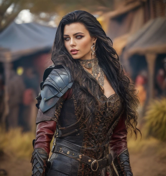 (masterpiece:1.2), (best quality,:1.2), 8k, HDR, ultra detailed, ((photorealistic)), professional light, cinematic lighting, fashion photography, ambient lighting, face lighting, Melissa, <lora:Melissa-10:1>, dynamic pose, earrings, choker, messy and long hair, dark makeup, ((upper body shot)), OverallDetail, fhanddetail, ffacedetail, middle-aged, as female survivor, wearing intricate leather and metal armor under a long black leather coat, <lora:detail_slider_v4:4>, looking at viewer, <lora:PostApocalypticV1:0.6>, 99post96apocalyptic44, in a hot desert, FanLan, FanAm, <lora:Armor-10:0.74>, <lora:FantasyLandscape-10:0.7>