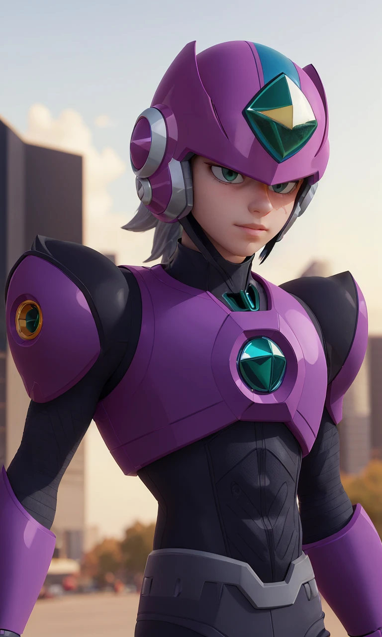 mgmgrv2023, helmet, 1boy, best quality, masterpiece, 5 fingers, depth of field, intricate, photorealistic, purple armor, green accents, powerful, cyberpunk city, grey hair, pixar style, action pose.