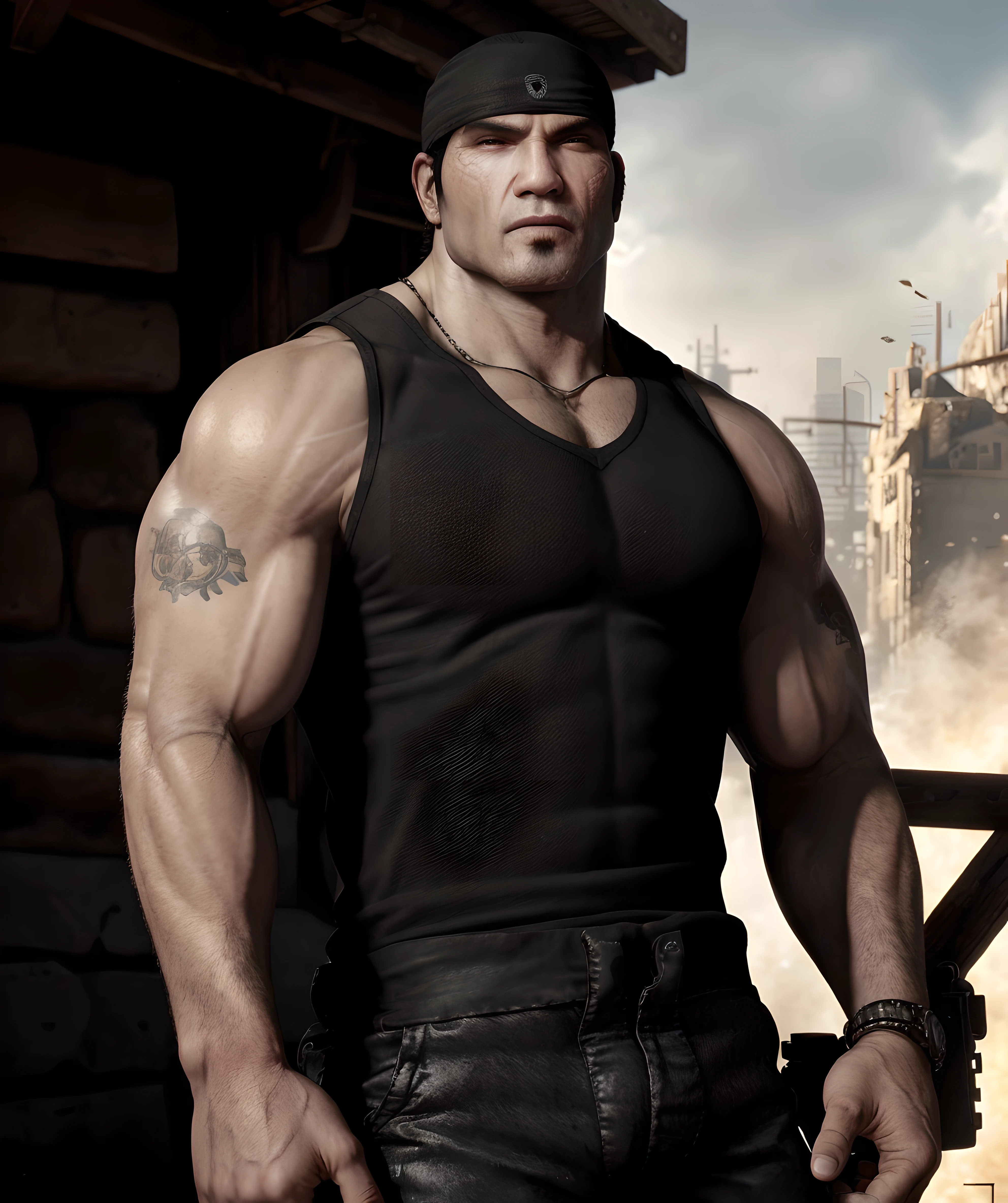 og_marcus_fenix, muscular, (black tanktop, black short pants) (outdoor, house) <lora:OG_Marcus_Fenix:0.85>
