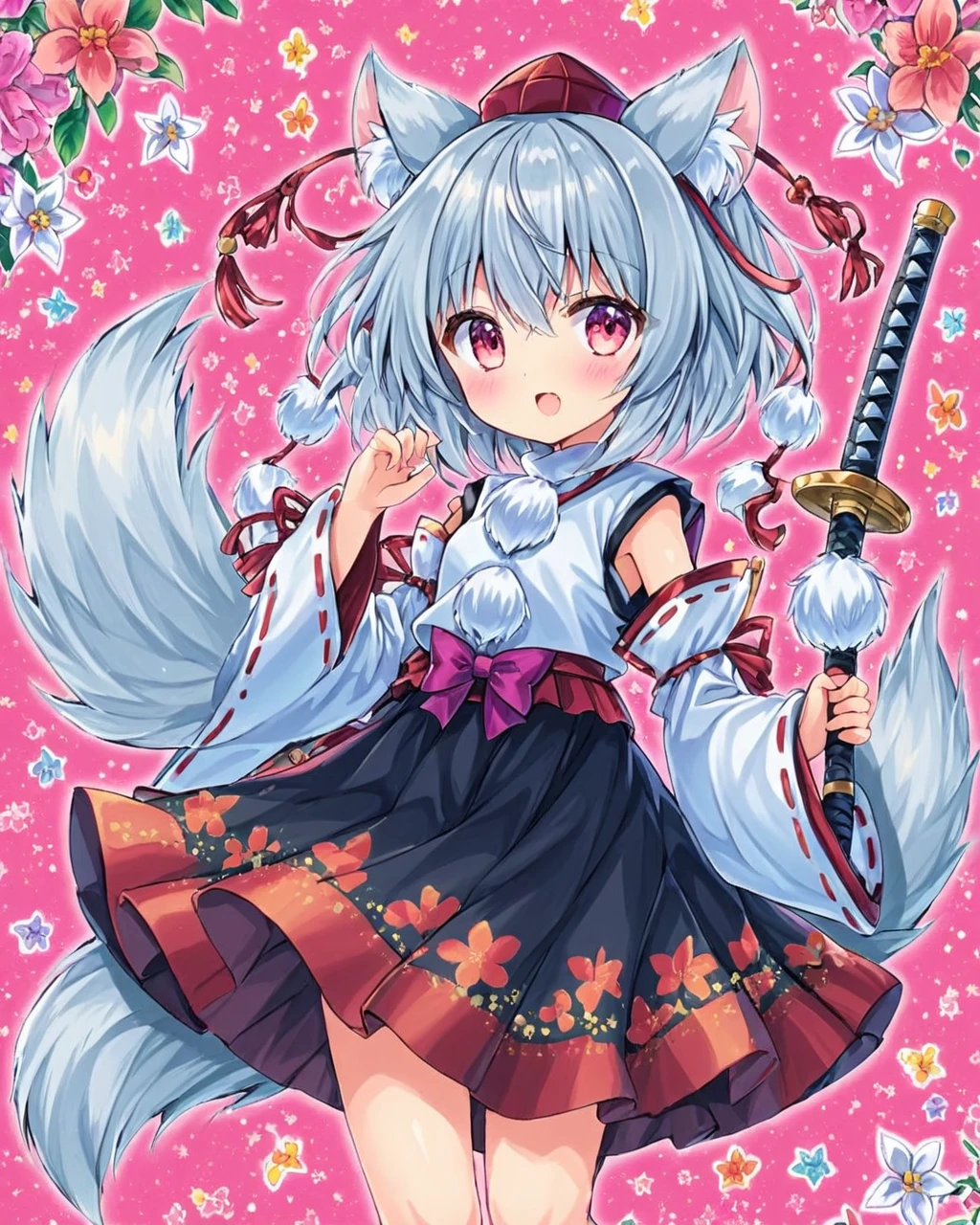 inubashiri momiji,1girl, solo, traditional_media, marker_\(medium\), tokin_hat, open_mouth, wide_sleeves, detached_sleeves, wolf_tail, looking_at_viewer, :d, sample_watermark, animal_ear_fluff, pom_pom_\(clothes\), sword, floral_print, red_headwear, red_ribbon, cowboy_shot, sleeveless_shirt, tassel, white_shirt, fang, holding, leaf_print, sheathed, black_skirt, print_skirt, pink_background, flower, red_bow, purple_skirt, floral_background, long_sleeves, sleeves_past_wrists, blush, white_sleeves, upper_teeth_only
<lora:inubashiri_momiji_image8018_2023-12-20-000007:1>,star-shaped_pupils,symbol-shaped_pupils,. gorgeous,key visual, vibrant, studio anime,award-winning, professional, highly detailed,high budget, cinemascope