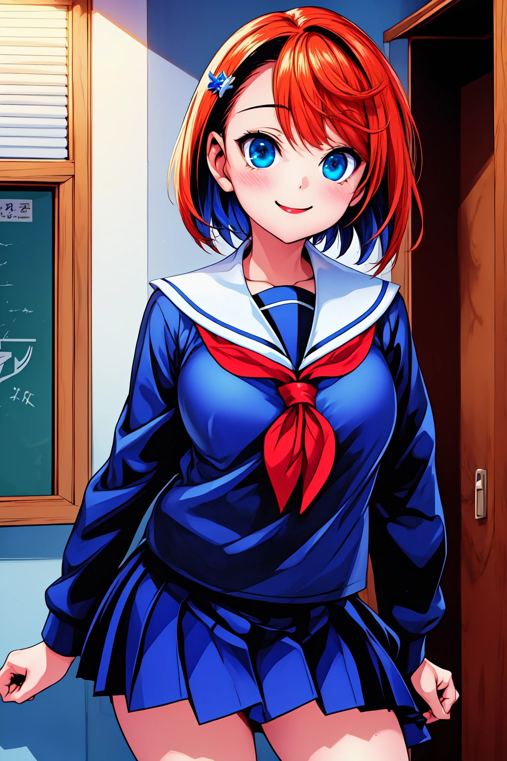1girl, smile, standing, cowboy shot, closed mouth,
yuragisou_chisaki, blue eyes, orange hair, short hair, hair ornament, hairclip, school uniform, blue serafuku, (blue shirt:1.2), long sleeves, (white sailor collar:1.4), pleated skirt, blue skirt, <lora:yuragisou_chisaki_lora_ver1:0.8>, best quality, masterpiece, highres, <lora:GoodHands-vanilla:1>