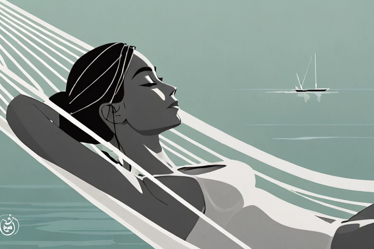 Vector art, cartoon, in profile, minimalism, monochromatic, focus on face, a woman laying on a hammock in the water by monsieur z <lora:Monsieur_Z_Style_XL-000010>