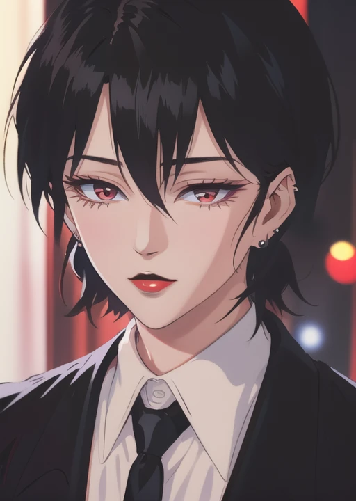<lora:makie:1> makie, 1girl, solo, black hair, jewelry, earrings, makeup, lipstick, stud earrings, portrait, looking at viewer, short hair, shirt, necktie, formal, suit, red lips, (masterpiece, best quality:1.2), award winning, masterpiece, vibrant, volumetric lighting