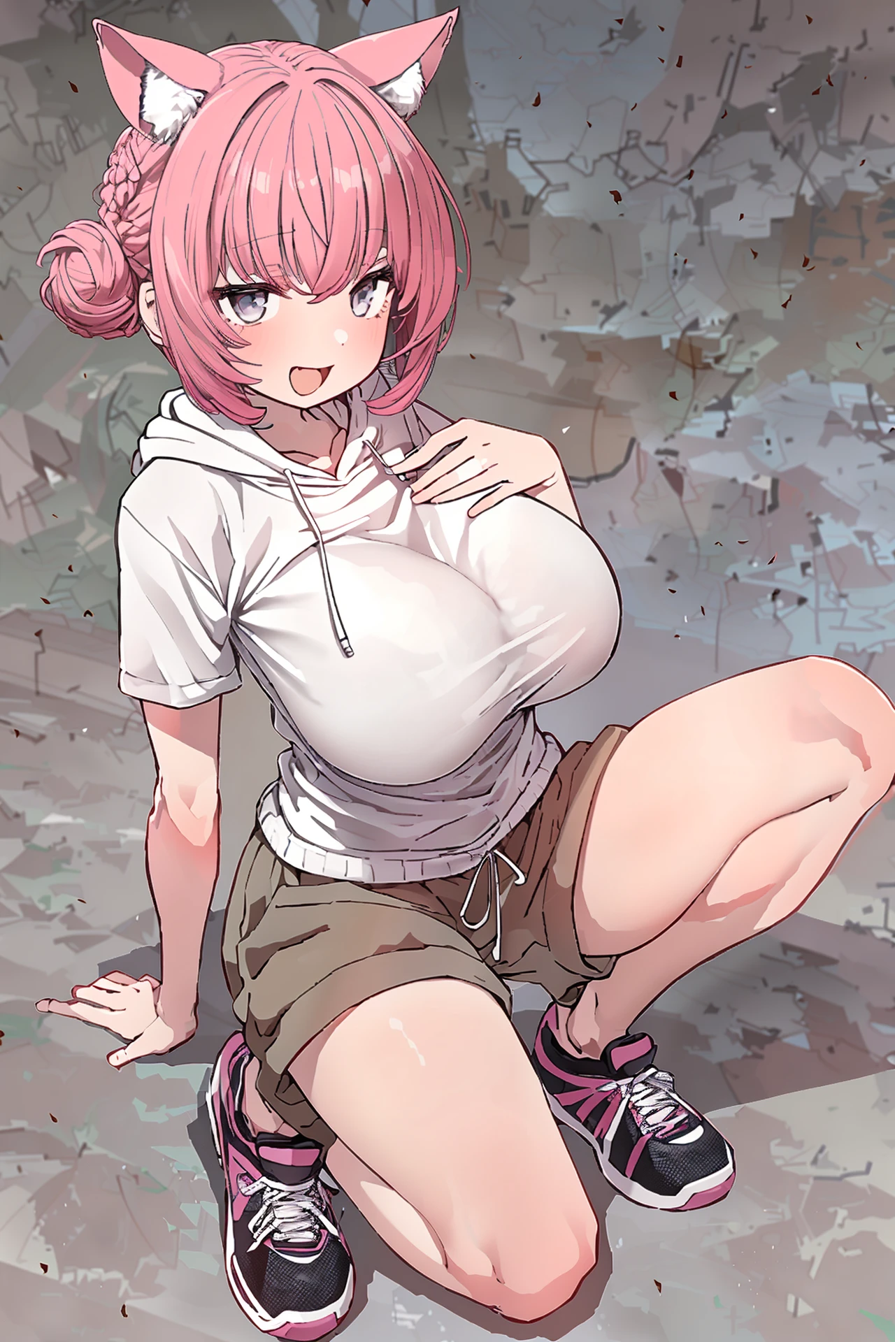 <lora:sumiyao+MEI2-000014:0.7> sumiyao+, (masterpiece, top quality, extremely detailed, best quality, beautiful and aesthetic:1.2), (1girl:1.3), original, high resolution, surreal,, focused, prairie, dark, arm support, pink hair, short hair, double bun, gray eyes, pale skin, Aran sweater hoodie with joggers and chunky sneakers, large breasts, seductive smile, animal ears, cat ears, open mouth