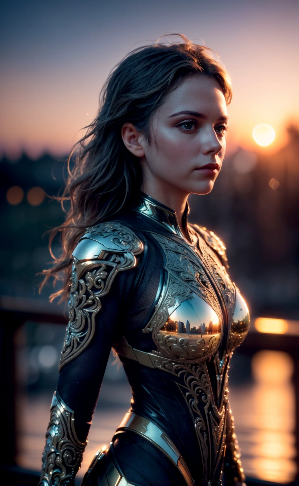 (masterpiece 3D render), (extremely intricate:1.3), (realistic), portrait of a girl, the most beautiful in the world, (sci-fi), metal reflections, upper body, outdoors, intense sunlight, far away castle, professional photograph of a stunning woman detailed, sharp focus, dramatic, award winning, cinematic lighting, octane render  unreal engine,  volumetrics dtx, (film grain, blurry background, blurry foreground, bokeh, depth of field, sunset, motion blur:1.3),