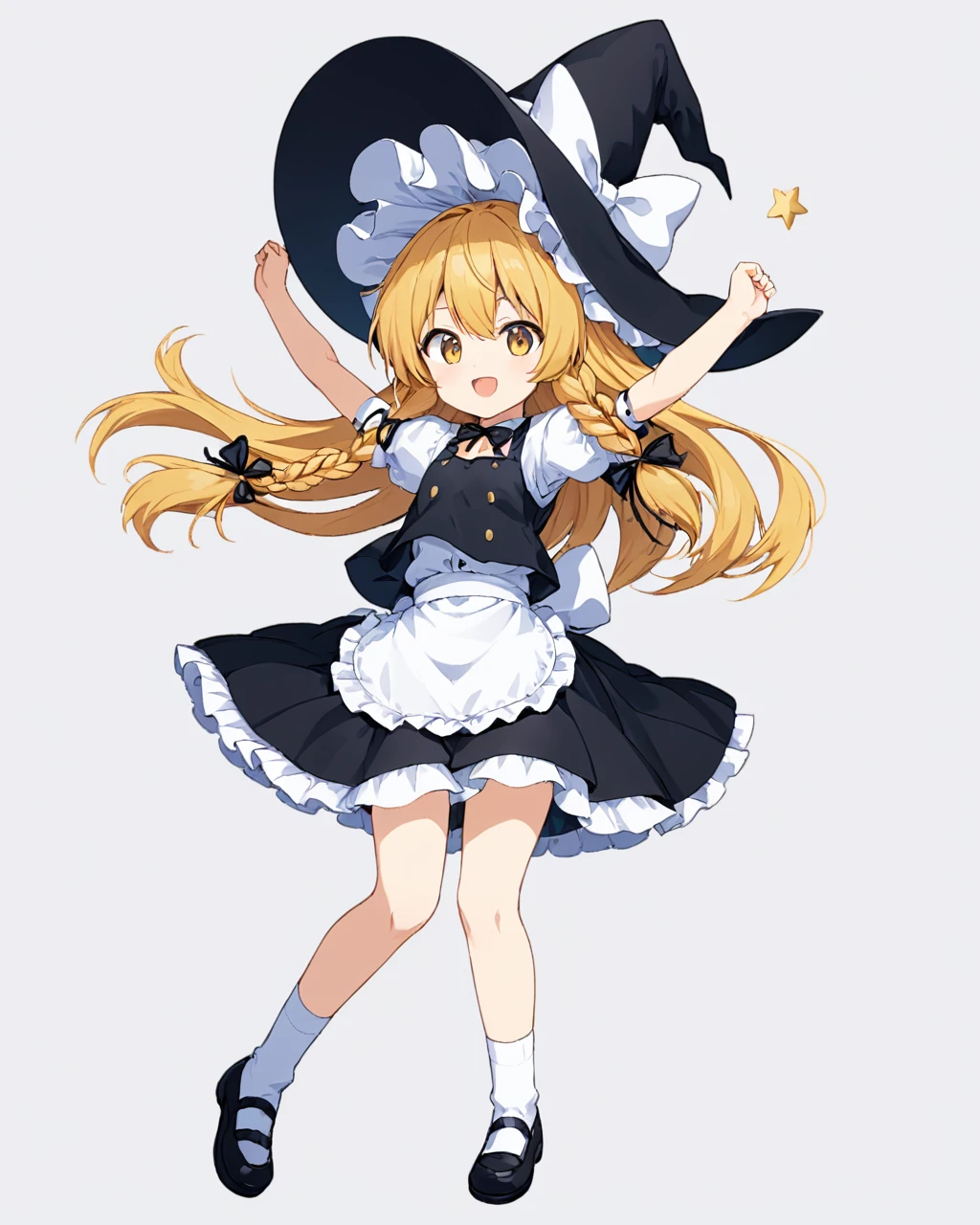 kirisame marisa,1girl, solo, witch_hat, white_background, open_mouth, black_footwear, simple_background, bloomers, shoes, arms_up, frills, full_body, wrist_cuffs, black_skirt, black_vest, puffy_short_sleeves, white_socks, waist_apron, single_braid, petticoat, black_headwear, black_ribbon, white_bow, dress, hair_bow, :d
<lora:kirisame_marisa_image6213_2023-12-11-000007:1>,star-shaped_pupils,symbol-shaped_pupils,. gorgeous,key visual, vibrant, studio anime,award-winning, professional, highly detailed,high budget, cinemascope