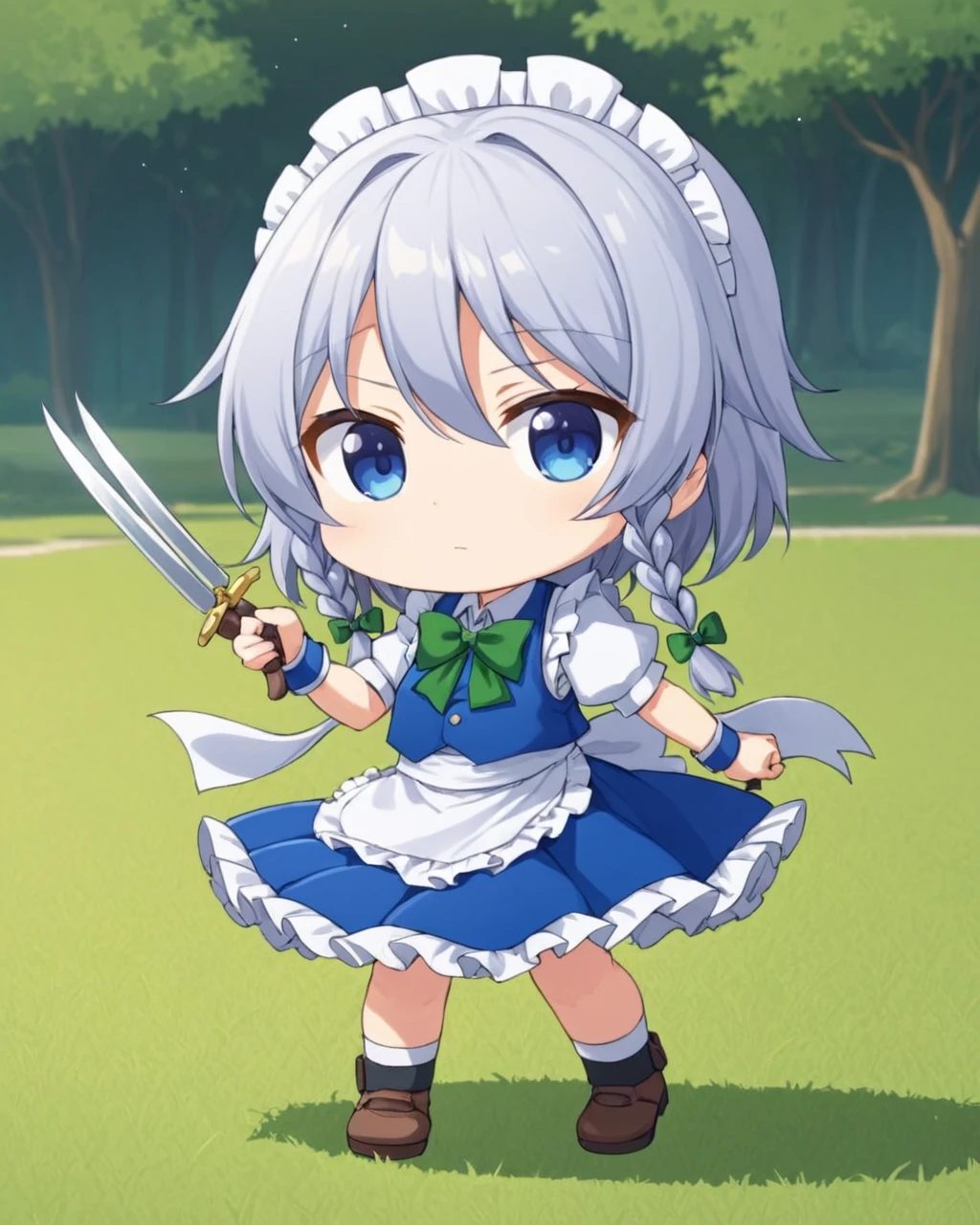 izayoi sakuya,1girl, maid_headdress, solo, twin_braids, chibi, holding_knife, maid, waist_apron, :<, standing, hair_bow, green_bowtie, hair_intakes, weapon, outdoors, blue_dress, wrist_cuffs, vest, jitome, puffy_short_sleeves
<lora:izayoi_sakuya_image4179_2023-12-11-000007:1>,star-shaped_pupils,symbol-shaped_pupils,. gorgeous,key visual, vibrant, studio anime,award-winning, professional, highly detailed,high budget, cinemascope