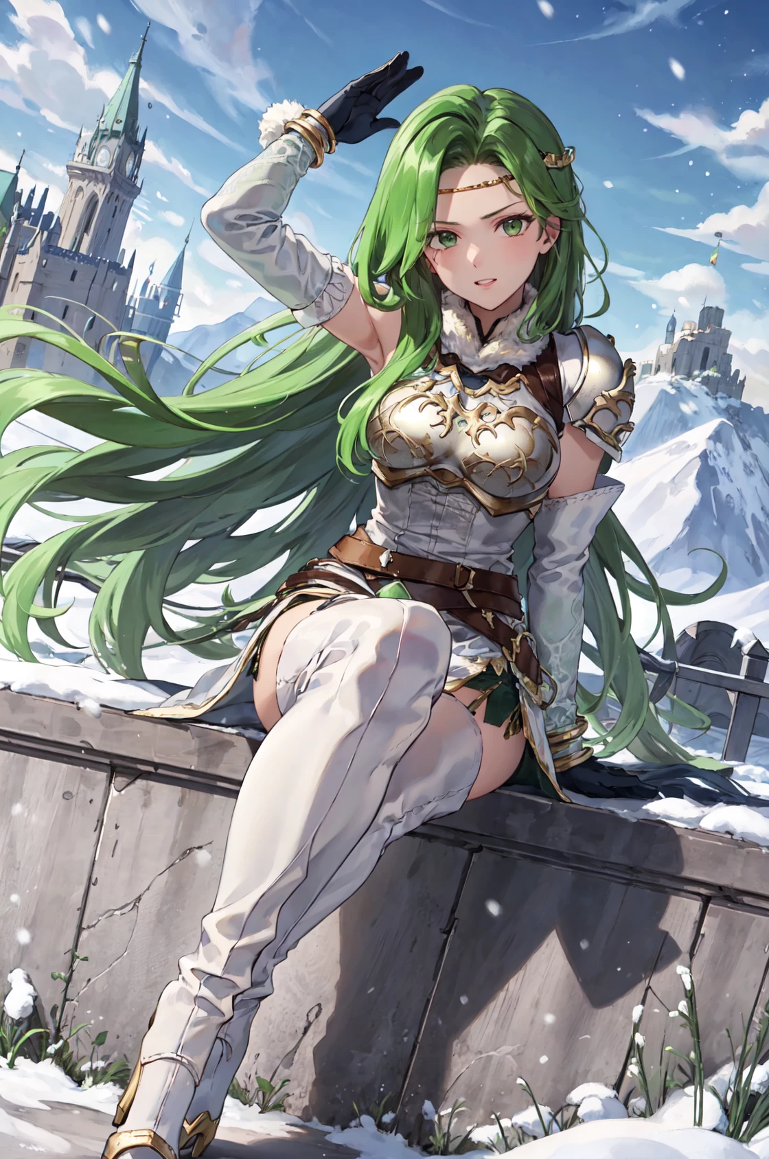 Sitting with hands forming a heart shape,arms raised in the air,POV,envy,<lora:annandV1-000016:0.8>,annand, circlet,armor, white short dress, zettai ryouiki, thigh boots, breastplate,belt, shoulder armor, white footwear, elbow gloves, jewelry, bracelet, sleeveless, detached sleeves, fur trim, long sleeves, white thighhighs,high heels, gold trim, thighs, sleeveless dress, snowing,snow mountain,castle,outdoors,(masterpiece, best quality, ultra-detailed, best shadow)