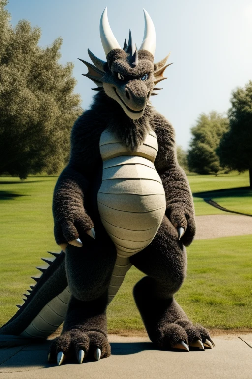 fursuit, kemono, male, animal, animal focus, solo, cowboy shot, outdoors, realistic, thick thighs, looking at viewer, no humans, anthro, park, (dragon) ,plump, belly, claws, <lora:fursuitv2:1.0>, horns,