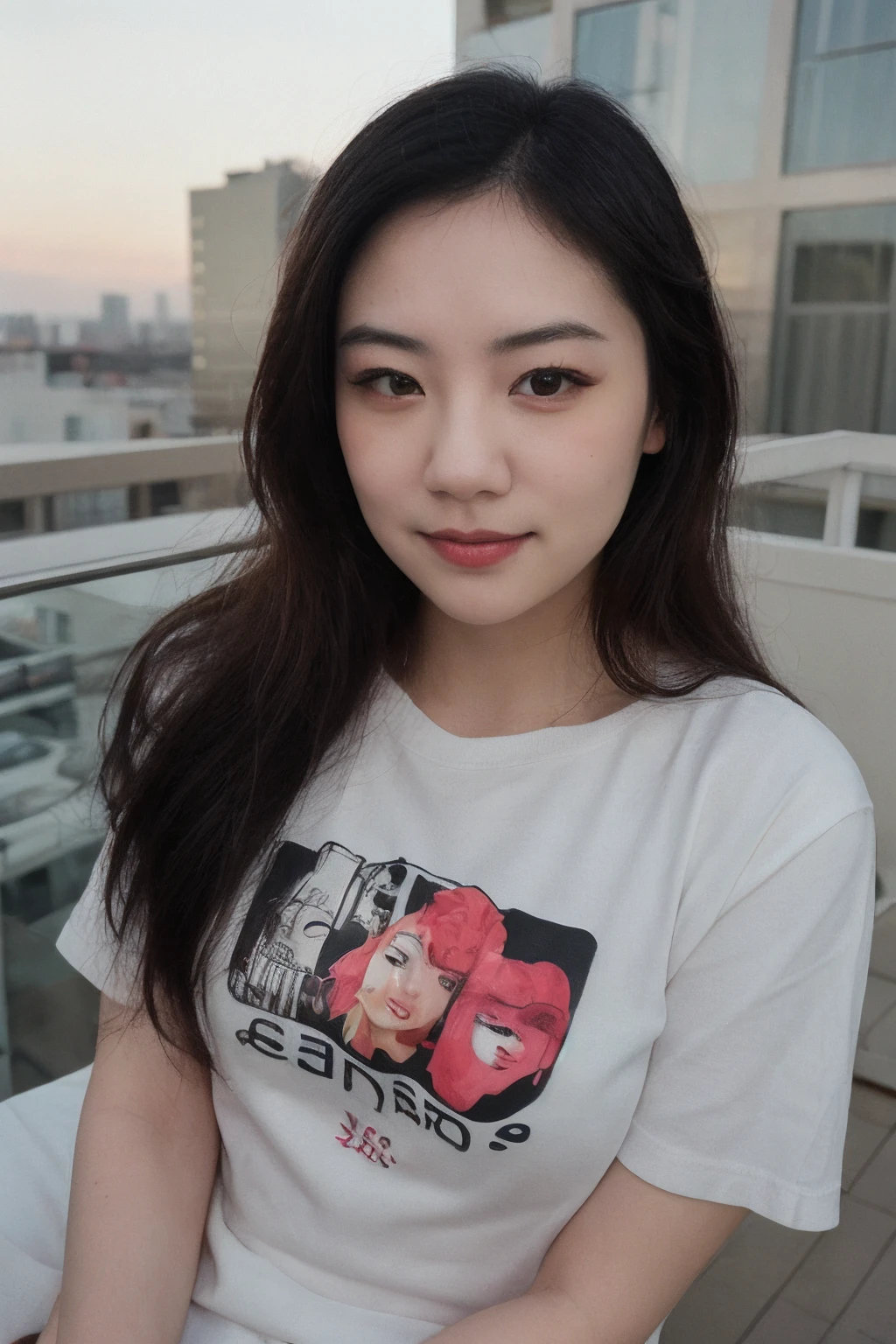 fanfan, (front facing:1.2) rooftop apartment view, ring light, RAW format high quality photograph, wearing tshirt, Fujifilm X-E4, Fuji 75mm f1.2 lens, (eyeshadow:0.9), (red lipstick:0.8), (smirking face:1.2), <lora:fanfan:0.85>.