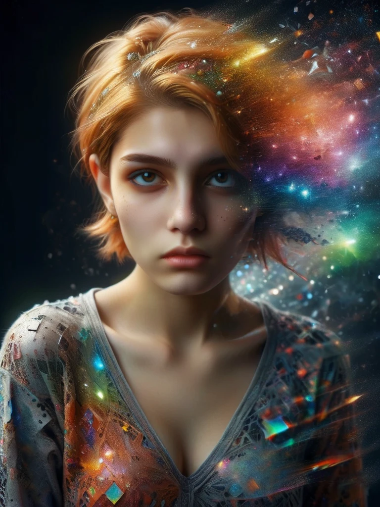 analog photo, dark shot, low key, action, (a intelligent afghan girl, 20 years old:1.1), strawberry blonde pixie bob hair, huge tits, fit, reflections on the wall background, abstraction atmosphere, (prismatic, holographic:1.2), sparkles, neon pixels, (neon light:1.1), chaotic, fashion magazine, (intricate details:0.9), (hdr, hyperdetailed:1.2) <lora:ral-dissolve:1> ral-dissolve