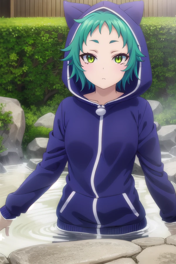 yayafushiguro, <lora:yaya fushiguro s1-lora-nochekaiser:1>,
yaya fushiguro, short hair, (green eyes:1.3), green hair,
BREAK long sleeves, hood, hoodie, animal hood, track suit, cat hood,
BREAK outdoors, onsen, hot spring,
BREAK looking at viewer, (cowboy shot:1.5),
BREAK <lyco:GoodHands-beta2:1>, (masterpiece:1.2), best quality, high resolution, unity 8k wallpaper, (illustration:0.8), (beautiful detailed eyes:1.6), extremely detailed face, perfect lighting, extremely detailed CG, (perfect hands, perfect anatomy),