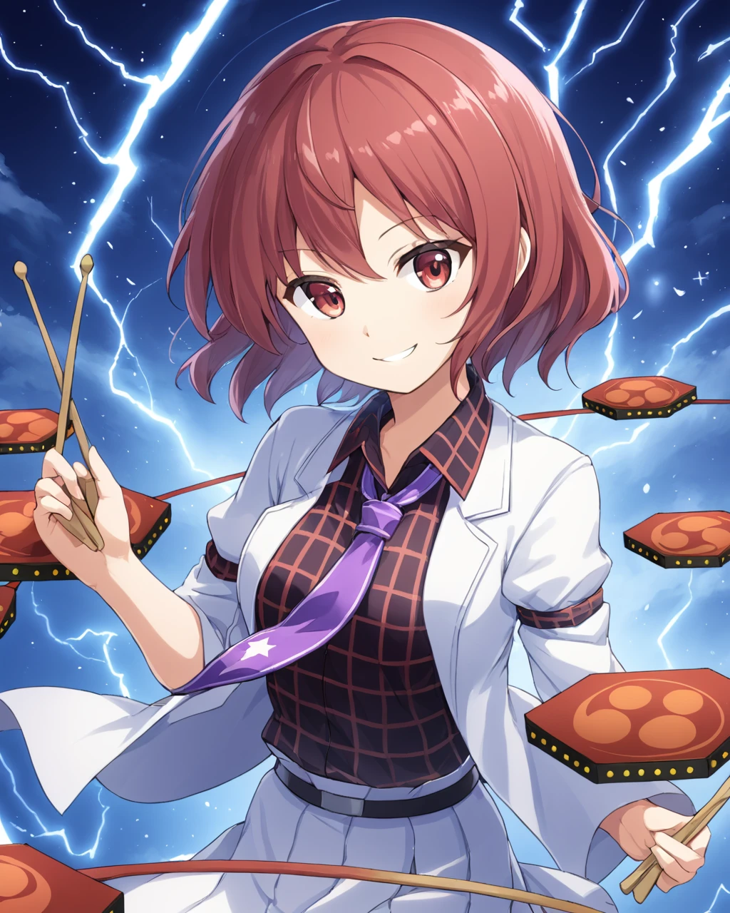 horikawa raiko,1girl, drum, drumsticks, solo, lightning, smile, mitsudomoe_\(shape\), tomoe_\(symbol\), skirt, jacket, purple_necktie, plaid_shirt
<lora:horikawa_raiko_image1301_2023-12-20:1>,star-shaped_pupils,symbol-shaped_pupils,. gorgeous,key visual, vibrant, studio anime,award-winning, professional, highly detailed,high budget, cinemascope