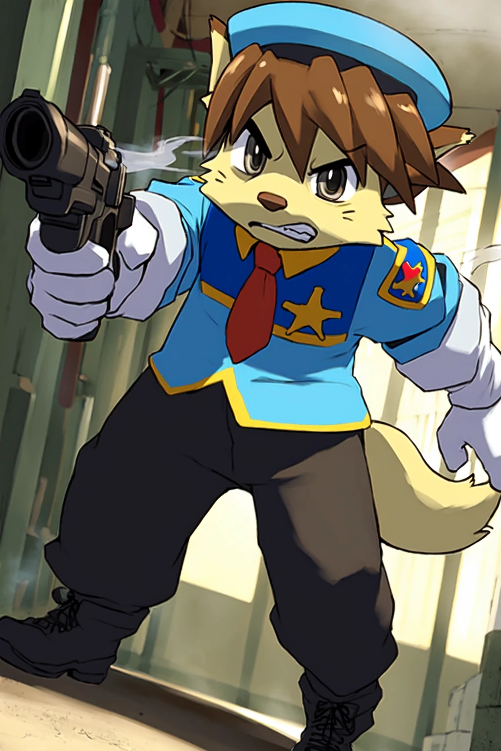 waffletc, 1boy, solo, by manmosu marimo, dutch angle, looking at viewer, furry male, dog boy, full body, angry, furious, clenched teeth, holding gun, shooting, smoking gun, handgun, aiming gun, firing weapon, police uniform, police hat, gloves, short sleeves, badge, pants, boots, badge, animal nose, animal ears, grey eyes, detailed eyes, body fur, whiskers, brown hair, tail, red necktie, standing, (masterpiece, best quality:1.3), detailed background, indoors, steel plating, factory, 8k, hdr <lora:waffleTC:1>