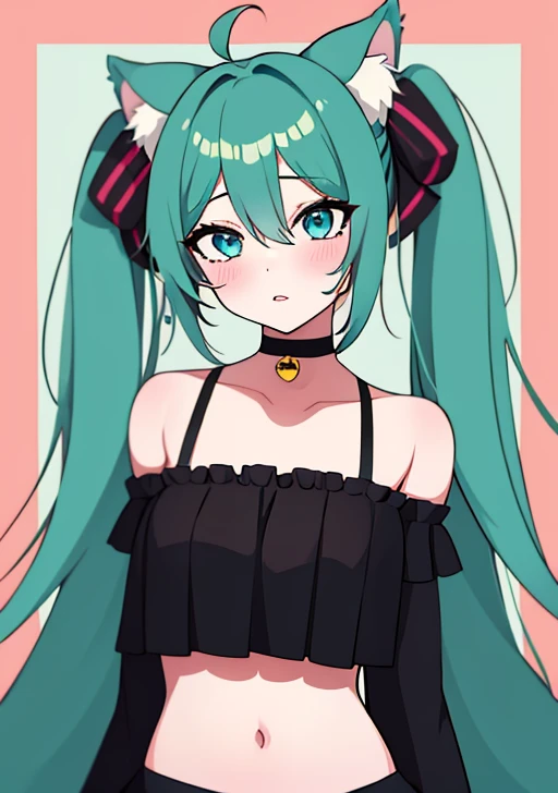 <lora:miku:0.8>, hatsune_miku, 1girl, solo, long hair, looking at viewer, blush, bangs, skirt, long sleeves, navel, animal ears, hair between eyes, bare shoulders, twintails, very long hair, heart, cowboy shot, pleated skirt, frills, parted lips, detached sleeves, choker, midriff, cat ears, hand up, miniskirt, black skirt, off shoulder, stomach, aqua eyes, crop top, animal ear fluff, bell, aqua hair, tattoo, black choker, blush stickers, cat girl, jingle bell, neck bell, kemonomimi mode, spaghetti strap, number tattoo