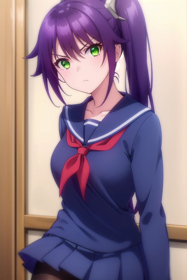 sagiriameno, <lora:sagiri ameno s1-lora-nochekaiser:1>,
sagiri ameno, long hair, hair between eyes, very long hair, (green eyes:1.3), purple hair, side ponytail, angry, frown,
BREAK skirt, long sleeves, school uniform, pantyhose, pleated skirt, serafuku, blue skirt, neckerchief, black pantyhose, red neckerchief, thighband pantyhose, blue serafuku,
BREAK indoors, classroom,
BREAK looking at viewer, (cowboy shot:1.5),
BREAK <lyco:GoodHands-beta2:1>, (masterpiece:1.2), best quality, high resolution, unity 8k wallpaper, (illustration:0.8), (beautiful detailed eyes:1.6), extremely detailed face, perfect lighting, extremely detailed CG, (perfect hands, perfect anatomy),
