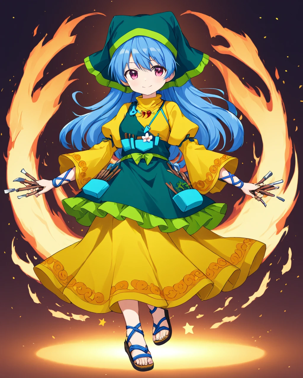 haniyasushin keiki,1girl, solo, yellow_dress, sandals, magatama_necklace, arm_ribbon, one_eye_closed, tools, smile, head_scarf, green_apron, green_headwear, holding, full_body, looking_at_viewer, single_strap, ;\), puffy_sleeves, long_sleeves, blue_ribbon, fire, flower, pocket, closed_mouth, wide_sleeves, yellow_sleeves
<lora:haniyasushin_keiki_image1264_2023-12-20-000014:1>,star-shaped_pupils,symbol-shaped_pupils,. gorgeous,key visual, vibrant, studio anime,award-winning, professional, highly detailed,high budget, cinemascope