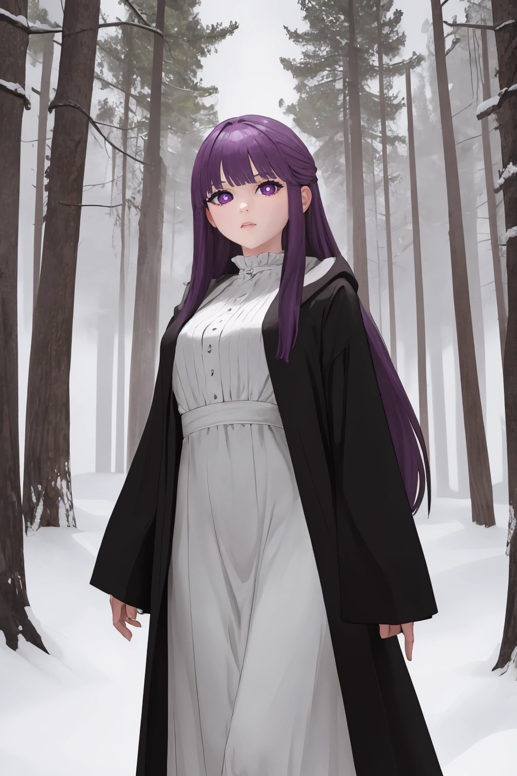 masterpiece, best quality, 1girl, solo, <lora:ett-artist-richy-v1:1> standing, <lora:CHAR-Fern:0.8> FernFrieren, very long hair, purple eyes, purple pupils, white dress, black robe, looking at viewer, forest, fantasy