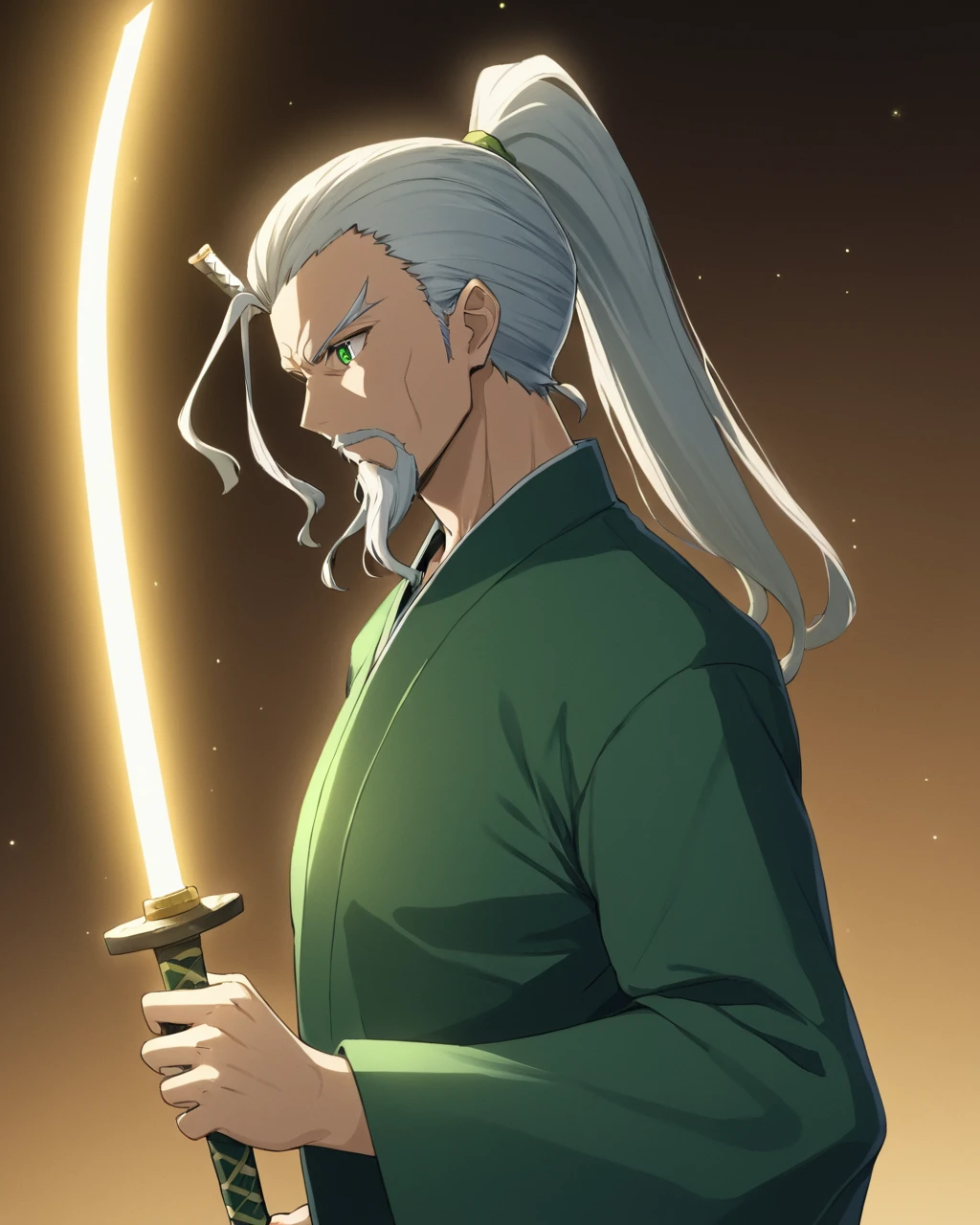 konpaku youki,male_focus, 1boy, solo, beard, katana, old_man, ponytail, clenched_hand, facial_mark, green_kimono, sheathed, glowing, from_side, standing
<lora:konpaku_youki_image42_2023-12-14-000048:1>,star-shaped_pupils,symbol-shaped_pupils,. gorgeous,key visual, vibrant, studio anime,award-winning, professional, highly detailed,high budget, cinemascope