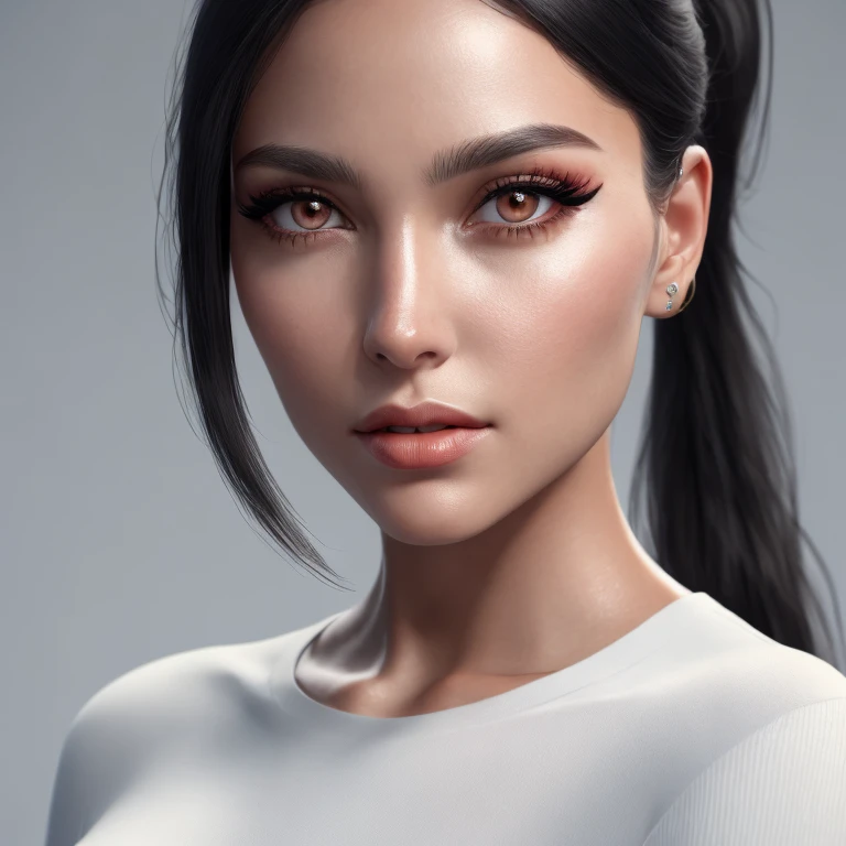 (ultra realistic,32k, masterpiece:1.2),(high detailed skin:1.1),( 8k uhd, dslr, high quality:1.1),
 1girl, black hair, ponytail and bangs,(white tight long top, long sleeves:1.1),, , <lora:add_detail:0.82>, (red lips:0.8), (mascara:1.1),(huge breast:0.9),
(looking at viewer, Bend forward:1.1)
,(ambient lighting:1.1),blank background