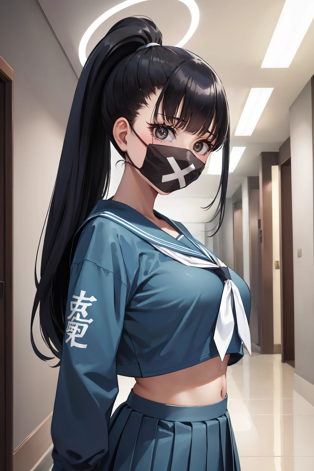 masterpiece, best quality, <lora:smgsukeban-nvwls-v1-000009:0.9> smgsukeban, ponytail, halo, mouth mask, blue serafuku, blue shirt, long sleeves, white neckkerchief, midriff, blue skirt, large breasts, hallway, upper body, looking at viewer