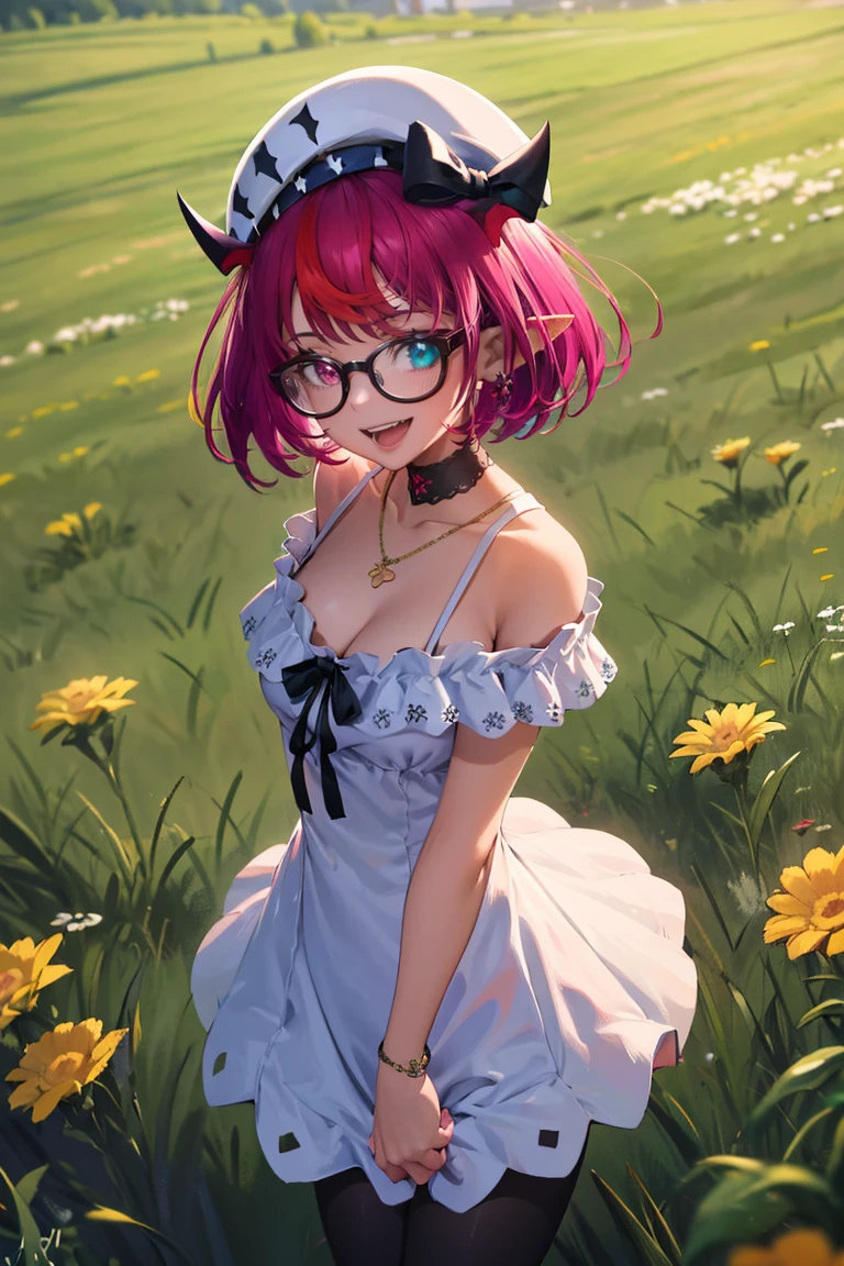 masterpiece, best quality, absurdres, IrysCasual, heterochromia, short hair, hat, choker, off-shoulder dress, white dress, black bow, black pantyhose, outdoors, spread arms, smile, :d, cleavage, glasses, from above, flowers, grass, field, <lora:CHAR-IRySv2:1>
