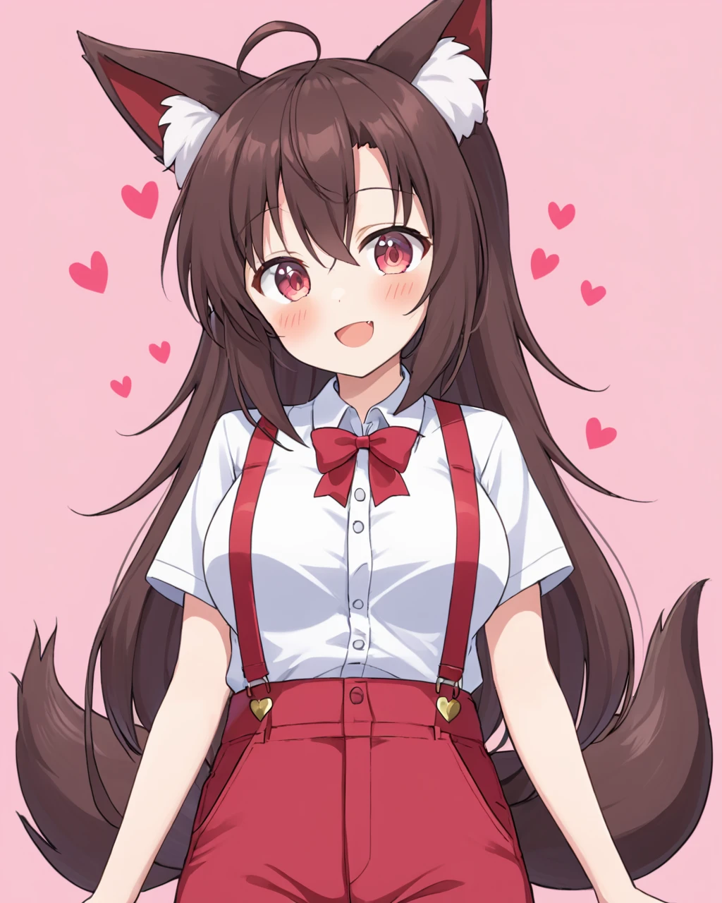 imaizumi kagerou,1girl, solo, cosplay, suspenders, open_mouth, white_shirt, looking_at_viewer, short_sleeves, ofuda_on_clothes, smile, blush, wolf_tail, bow, collared_shirt, heart_background, pink_background, red_pants, cowboy_shot, medium_breasts, standing
<lora:imaizumi_kagerou_image5677_2023-12-20-000008:1>,star-shaped_pupils,symbol-shaped_pupils,. gorgeous,key visual, vibrant, studio anime,award-winning, professional, highly detailed,high budget, cinemascope