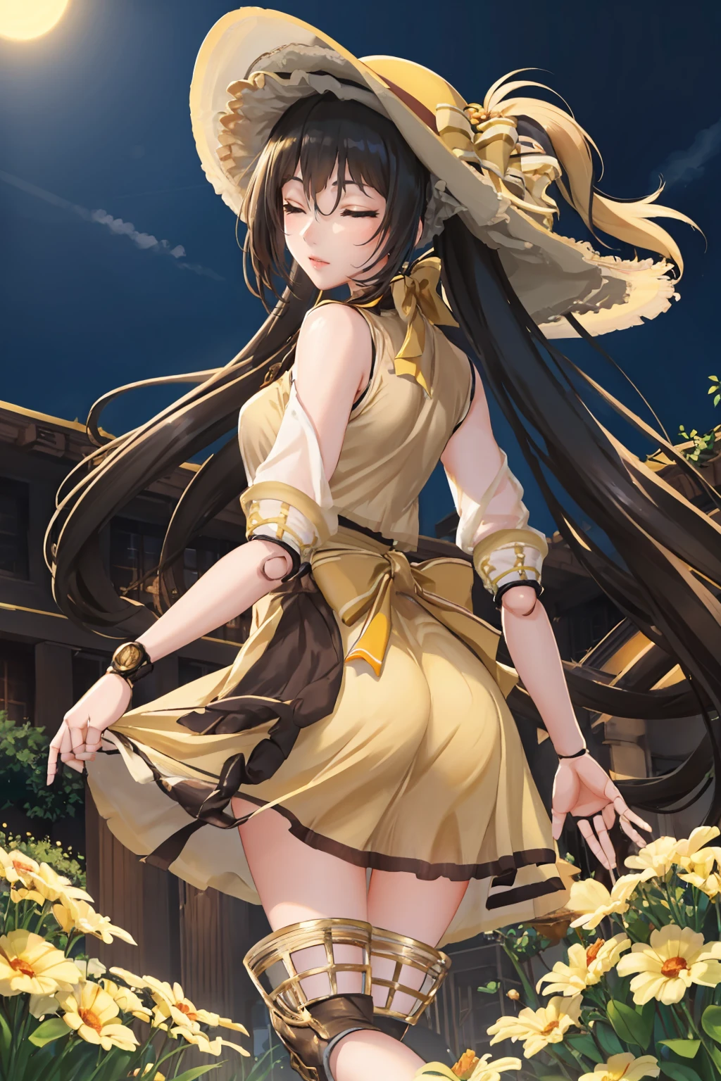 masterpiece, best quality,  <lora:ysdoll-nvwls-v1-000010:0.9> ysdoll, doll joints, twintails, brown hat, (yellow sundress:1.4), from behind, closed eyes, looking at viewer, garden, night