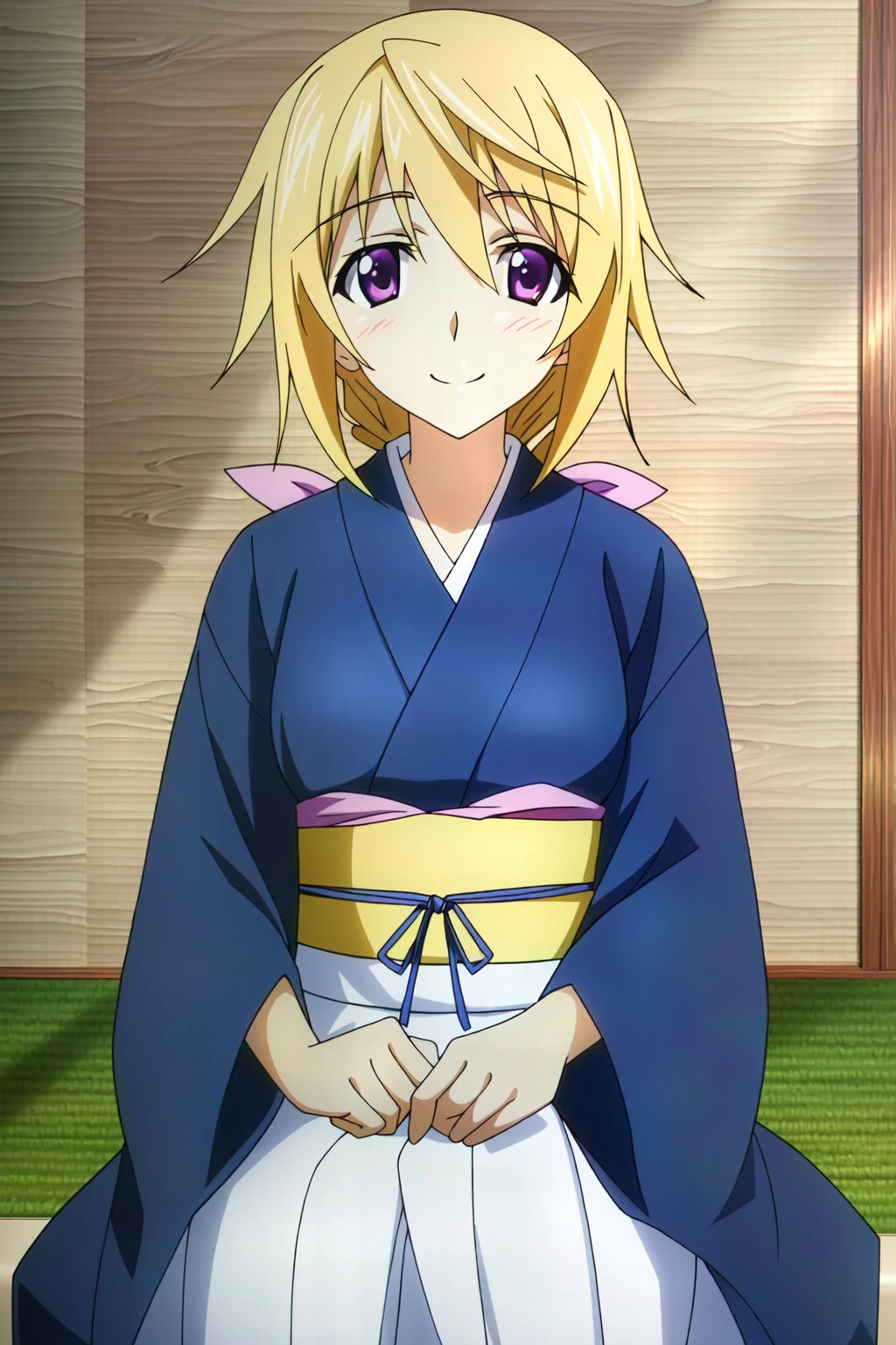 (extremely detailed CG unity 4k wallpaper),(masterpiece),(best quality),(ultra-detailed),(best illustration),(best shadow),(absurdres),(detailed background), <lora:OGT_Charlotte_Dunois-v1:0.9> Charlotte Dunois, 1girl, japanese clothes, purple eyes, blonde hair, kimono, yukata, smile, solo, blush, sash