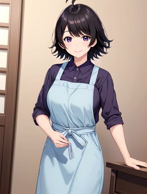 best quality, masterpiece, highres, detailed, digital illustration, <lora:Tools - add_detail:0.2>, SaikiKurumi, short hair, black hair, swept bangs, purple shirt, blue apron, mature woman, smile, <lora:SaikiKurumi-10:0.8>, ahoge, ^_^
