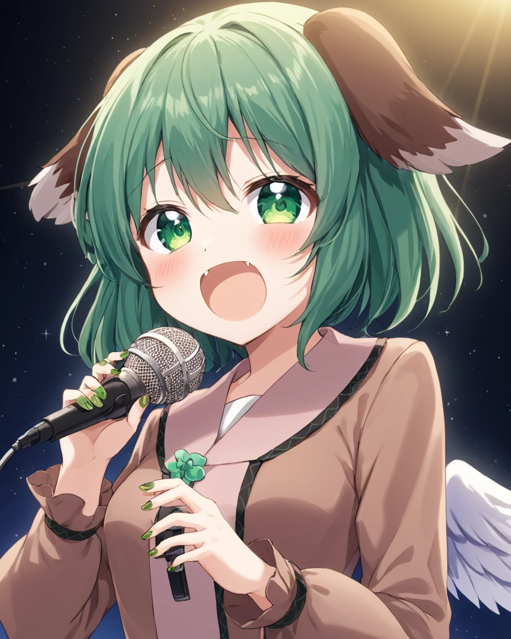 kasodani kyouko, dog_tail, open_mouth, long_sleeves, bird_wings, green_nails, fang, white_wings, 2girls, holding_microphone, blush, nail_polish, music, 1girl, solo, brown_dress, pink_dress
<lora:kasodani_kyouko_image2405_2023-12-20-000008:1>,star-shaped_pupils,symbol-shaped_pupils,. gorgeous,key visual, vibrant, studio anime,award-winning, professional, highly detailed,high budget, cinemascope