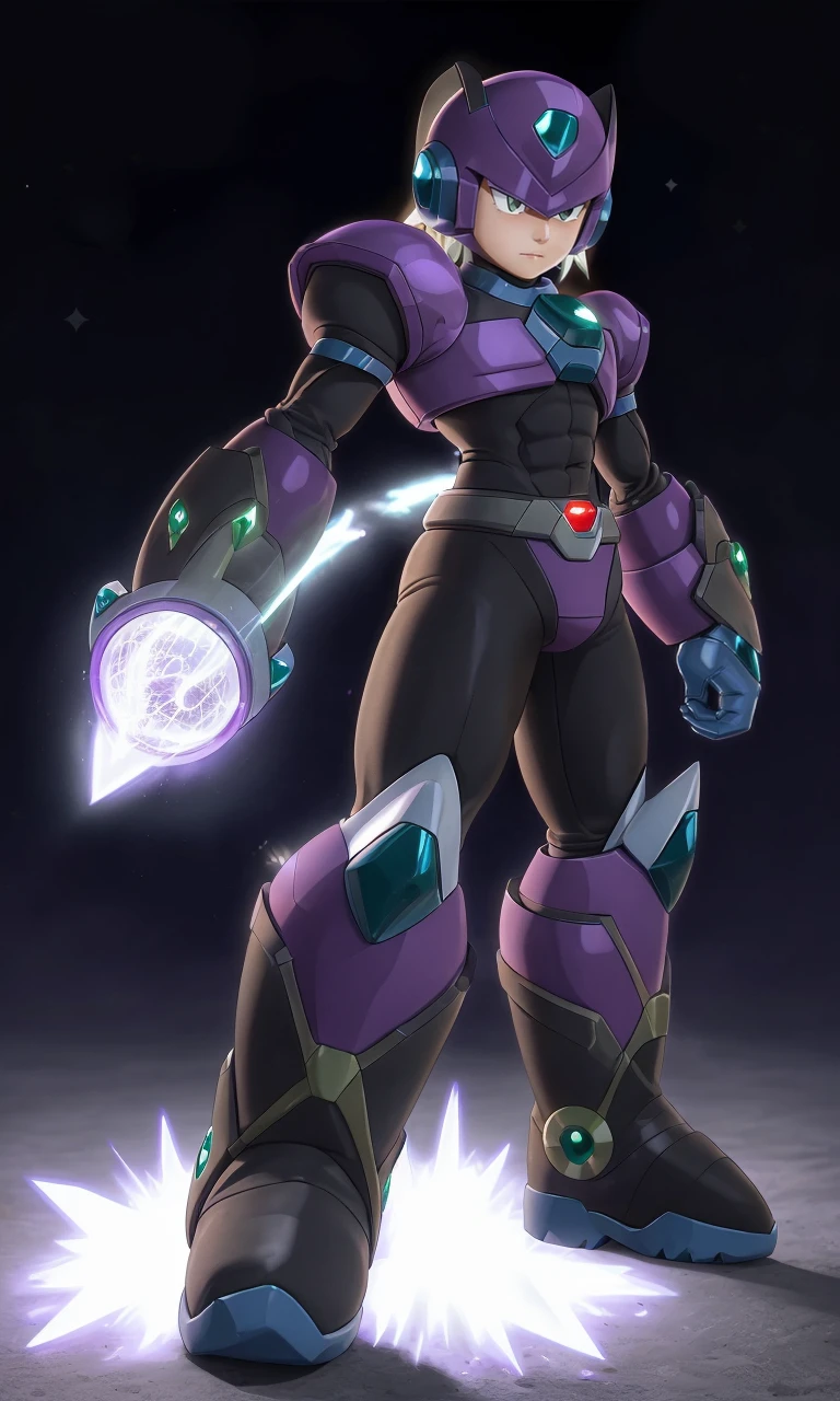 mgmgrv2023, 1boy, best quality, masterpiece, 5 fingers, depth of field, full body, 5 fingers, intricate, arm cannon, photorealistic, purple armor, green accents, energy sword, white hair, powerful, thick boots, megaman
