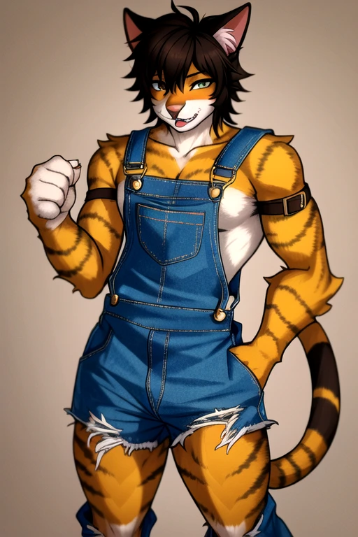 <lora:CatgirlLoraV5:1> catboy, overalls, fur, covered in fur