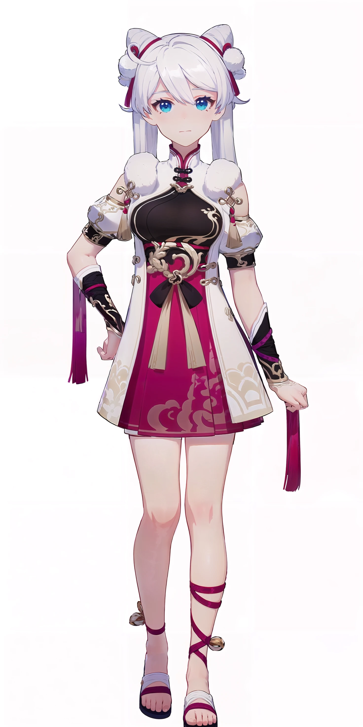 8k, best quality, masterpiece, (ultra-detailed:1.1), (high detailed skin),
(full body:1.2), white background, standing, looking at viewer, (solo:1.4), hand on hip,
<lora:xuetu-yz-v100:0.8:lbw=OUTALL>, xuetu, blue eyes, white hair, chinese clothes, double bun, bangs, short dress,
(white background, simple background:1.6),
(beautiful_face), ((intricate_detail)), clear face,
((finely_detailed)), fine_fabric_emphasis,
((glossy)), full_shot