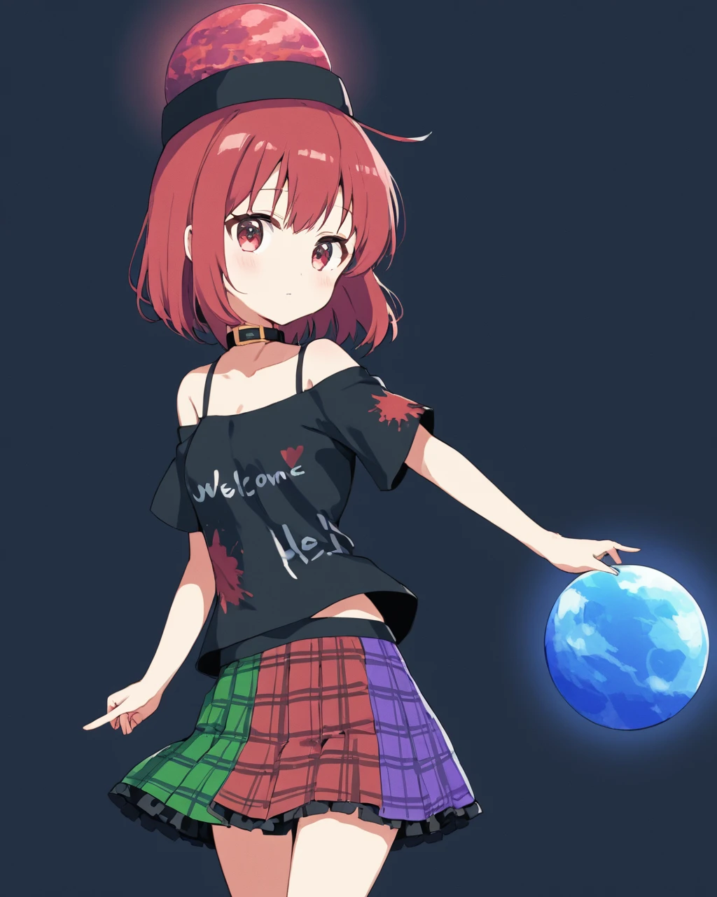 hecatia lapislazuli,1girl, solo, multicolored_skirt, off-shoulder_shirt, short_sleeves, polos_crown, chromatic_aberration, closed_mouth, bare_shoulders, hand_up, from_side, plaid_skirt, no_nose, black_shirt, cropped_legs, ahoge, pleated_skirt, white_background, purple_skirt, black_headwear, moon_\(ornament\), black_collar, cowboy_shot, earth_\(ornament\), t-shirt, miniskirt, expressionless, index_finger_raised, blush_stickers, polka_dot, red_skirt, tareme, circle, blue_skirt, film_grain, looking_to_the_side, simple_background, standing, black_choker, no_pupils, bob_cut
<lora:hecatia_lapislazuli_image2747_2023-12-20:1>,star-shaped_pupils,symbol-shaped_pupils,. gorgeous,key visual, vibrant, studio anime,award-winning, professional, highly detailed,high budget, cinemascope