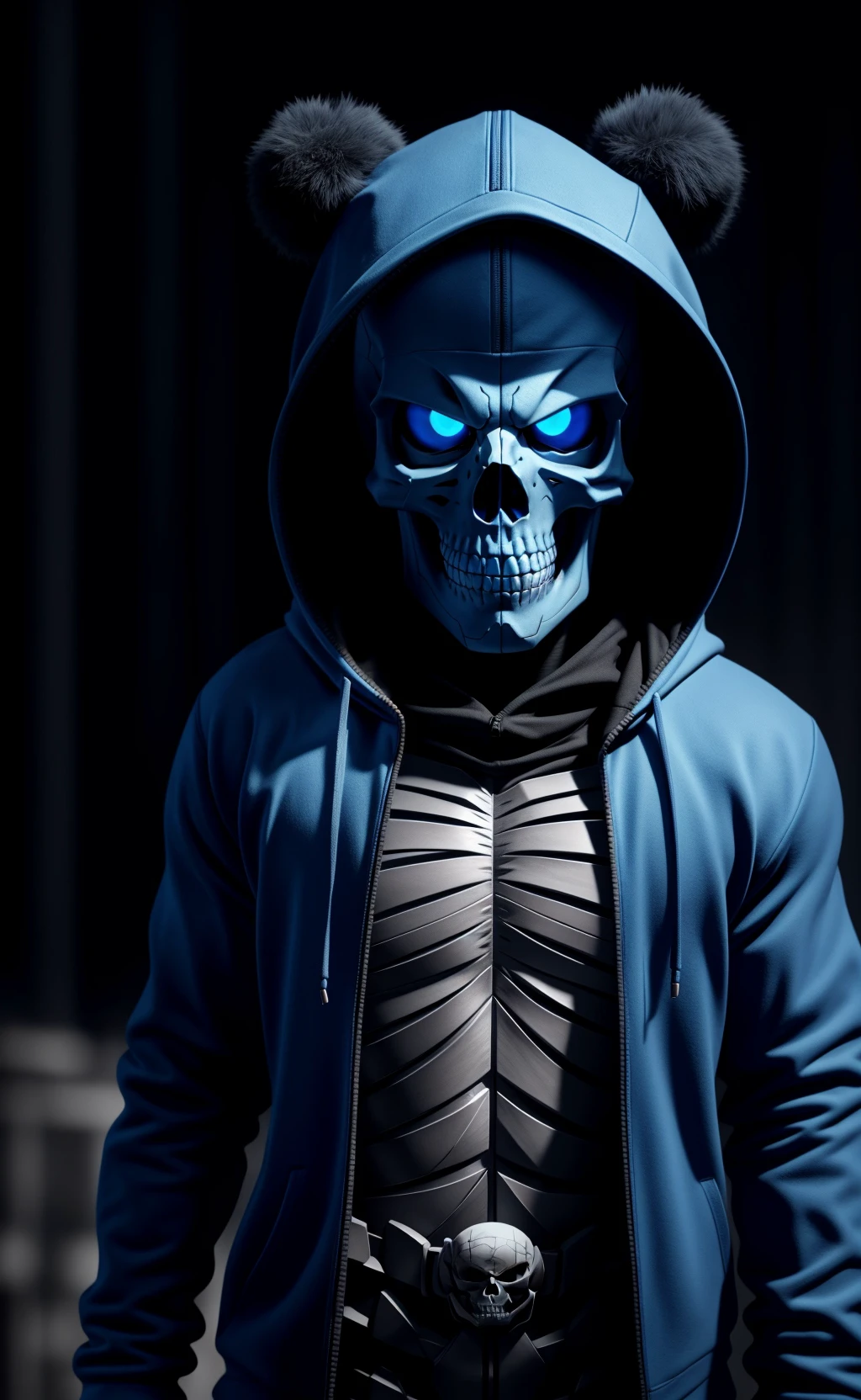 a skeleton with blue eyes, a 3D render by Pu Hua, trending on deviantart, hoodie, sans from undertale, sans undertale, sans