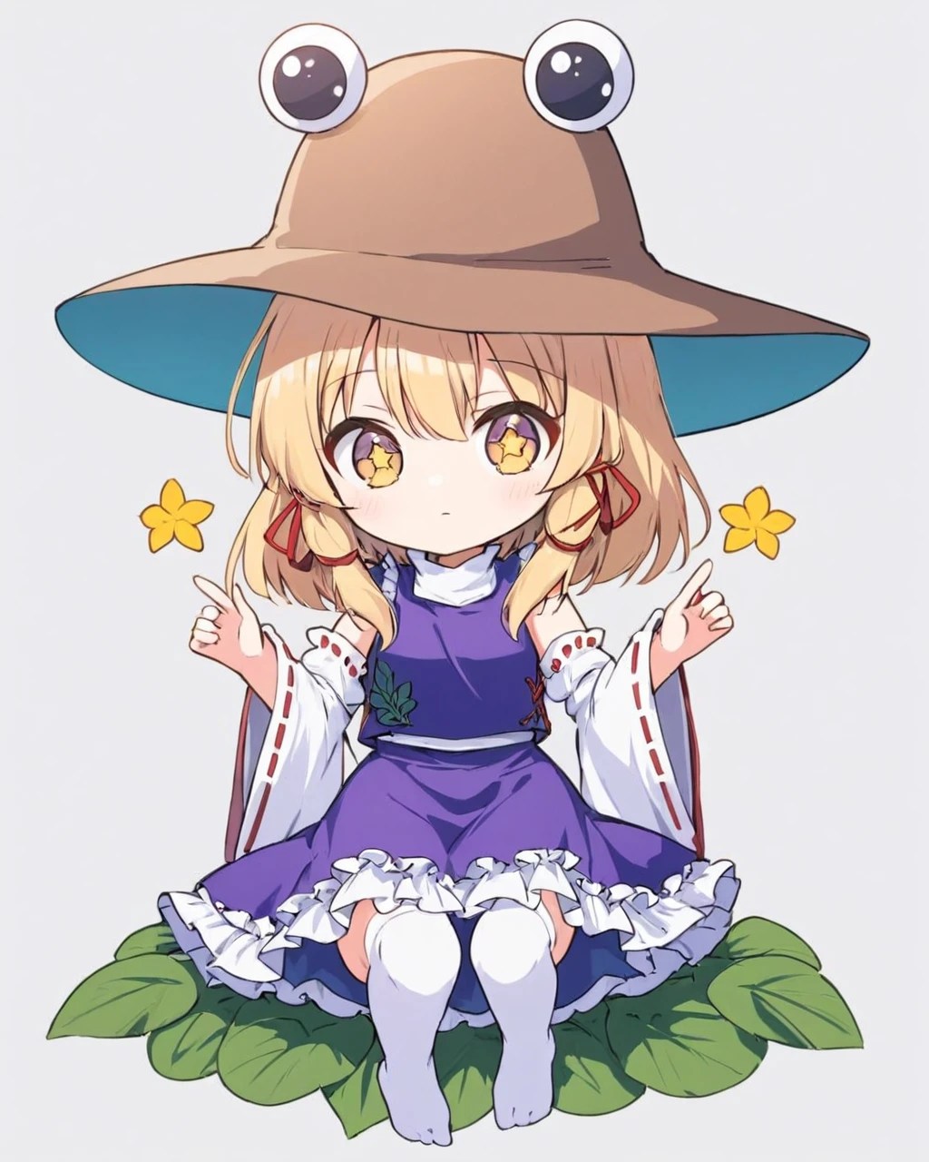 moriya suwako,1girl, solo, hat, wide_sleeves, brown_headwear, purple_dress, chibi, long_sleeves, leaf, detached_sleeves, white_shirt, closed_mouth, white_thighhighs, white_background, looking_at_viewer, red_ribbon, hand_up, white_sleeves, purple_vest, full_body, hair_ribbon, no_shoes, sitting, red_flower, simple_background, ribbon_trim, frills, white_pupils
<lora:moriya_suwako_image6645_2023-12-17-000007:1>,star-shaped_pupils,symbol-shaped_pupils,. gorgeous,key visual, vibrant, studio anime,award-winning, professional, highly detailed,high budget, cinemascope