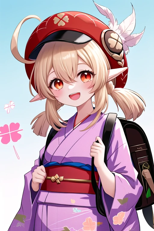 best quality, masterpiece, highres, solo, {yukata:1.40}, {kimono:1.20}, {keli:1.15}, bangs, klee_\(genshin_impact\), twintails, ahoge, pointy_ears, low_twintails, long_hair, hair_between_eyes, hat, smile, sidelocks, red_headwear, open_mouth, clover_print, hat_feather, cabbie_hat, light_brown_hair, bag, :d, backpack, hat_ornament, red_eyes, orange_eyes, blonde_hair