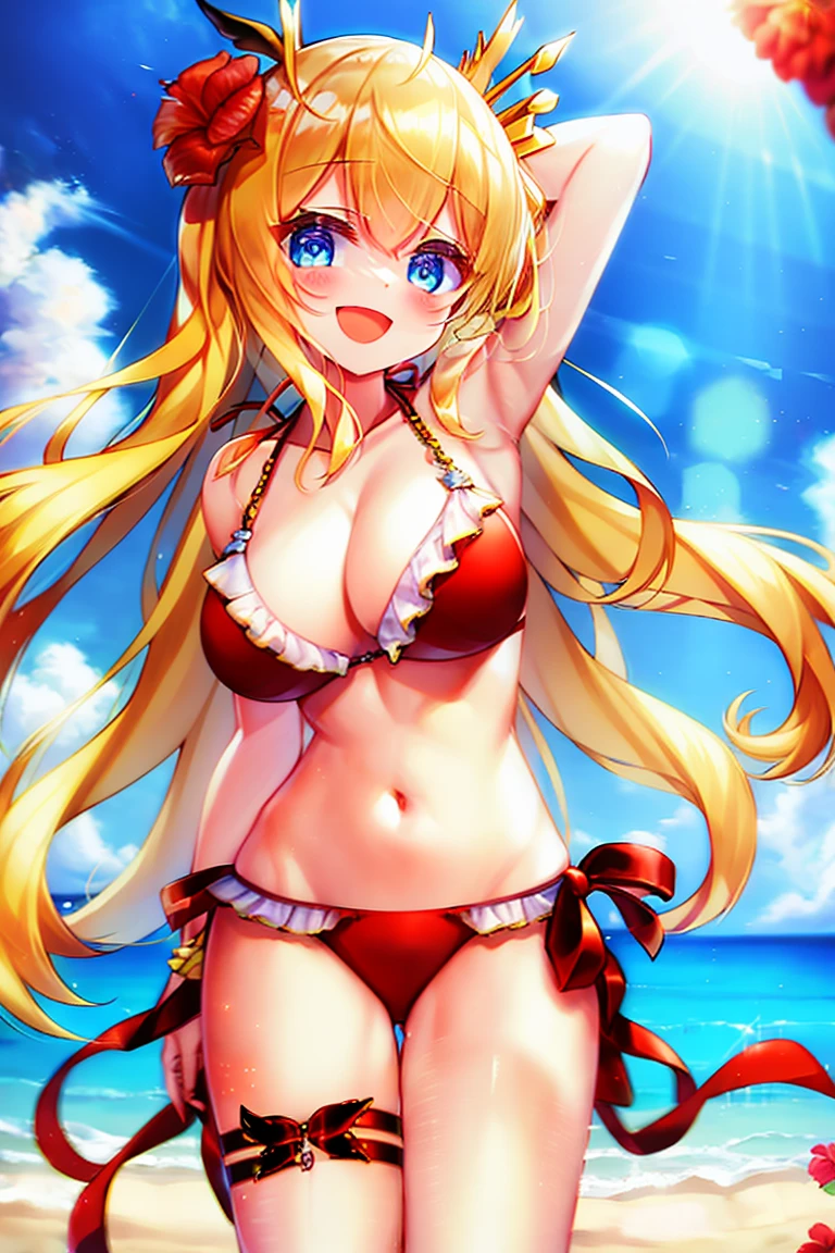 masterpiece, Rei-Ohba , red bikini, beach, blond, blue eyes, hair ornament, bangs, red flower, bracelet, smile, open mouth, thigh strap, <lora:Rei-Ohba :0.8>