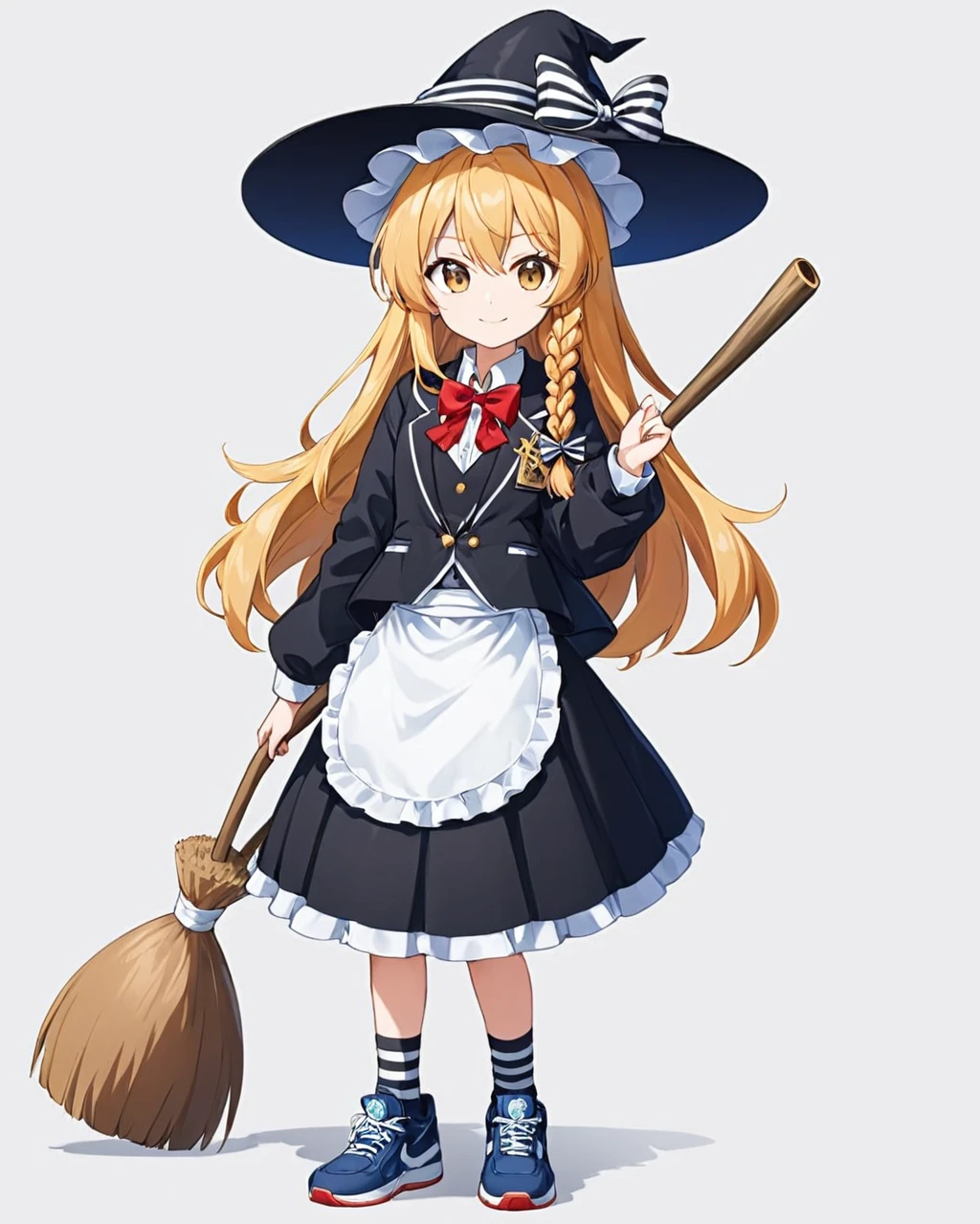 kirisame marisa,1girl, solo, sneakers, witch_hat, holding_broom, full_body, black_headwear, long_sleeves, socks, hand_in_pocket, black_skirt, character_name, single_braid, waist_apron, smile, frilled_skirt, looking_at_viewer, hat_bow, red_bowtie, white_bow, black_vest, qr_code, striped, white_background, hair_bow, black_jacket, white_shirt, white_apron
<lora:kirisame_marisa_image6213_2023-12-11-000007:1>,star-shaped_pupils,symbol-shaped_pupils,. gorgeous,key visual, vibrant, studio anime,award-winning, professional, highly detailed,high budget, cinemascope