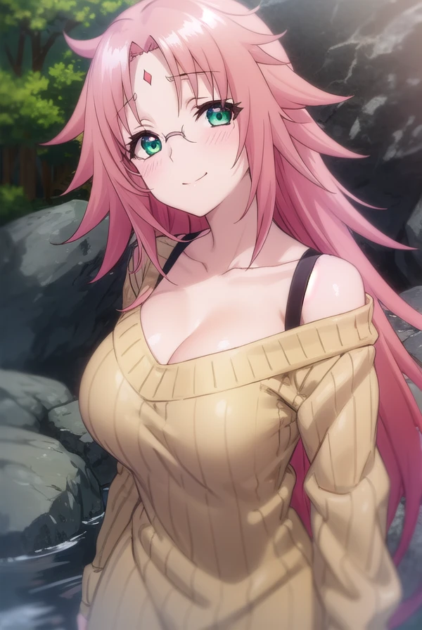 nonkoarahabaki, <lora:nonko arahabaki s1-lora-nochekaiser:1>,
nonko arahabaki, long hair, (green eyes:1.3), pink hair, glasses, (parted bangs:1.5), facial mark, forehead mark, smile, blush,
BREAK cleavage, underwear, collarbone, off shoulder, bra, sweater, ribbed sweater, sweater dress, red bra,
BREAK outdoors, hot spring, onsen,
BREAK looking at viewer, (cowboy shot:1.5),
BREAK <lyco:GoodHands-beta2:1>, (masterpiece:1.2), best quality, high resolution, unity 8k wallpaper, (illustration:0.8), (beautiful detailed eyes:1.6), extremely detailed face, perfect lighting, extremely detailed CG, (perfect hands, perfect anatomy),