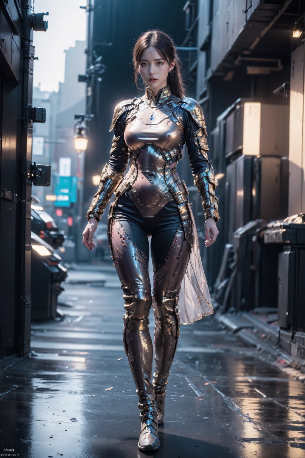 (best quality:1.4),(masterpiece:1.4),(photorealistic:1.4),(Realistic:1.2),(ultra high res, raw photo:1.4),(hdr, hyperdetailed:1.2),(8K:1.2),1girl,chinese clothes,(cyberpunk armor:1),looking at viewer,solo,standing,full body,<lora:CyberChineseClothes_B:0.8>,