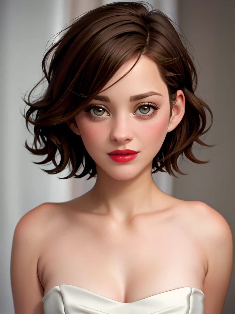 Realistic photo of a beautiful m4r10nc woman, 1girl,solo,breasts,looking at viewer,short hair,brown hair,dress,cleavage,bare shoulders,upper body,lips,makeup,lipstick,strapless dress,realistic,soft lighting, professional Photography, Photorealistic, detailed, RAW, analog, sharp focus, 8k, HD, high quality, masterpiece<lora:m4r10nc:1.0>