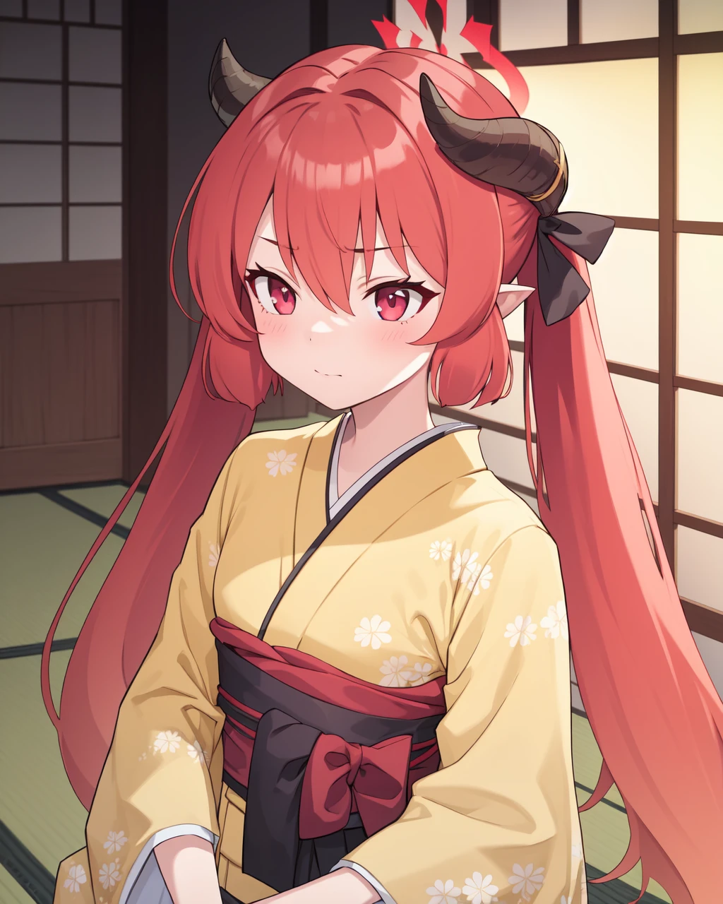 1girl, solo, long hair,  bangs,  hair between eyes, twintails,  red hair, japanese clothes, horns, pointy ears, kimono, v, halo,  yellow kimono , junko (blue archive), 8K, masterpiece, beautiful