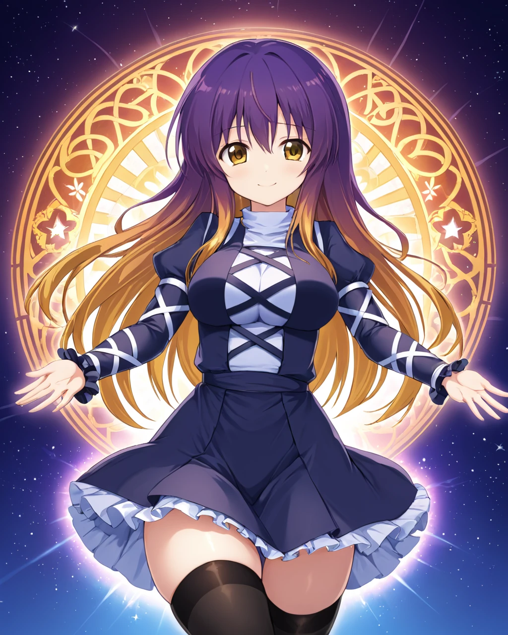 hijiri byakuren,1girl, sorcerer's_sutra_scroll, solo, dress, smile, black_thighhighs, scroll, magic_circle, breasts
<lora:hijiri_byakuren_image2907_2023-12-20:1>,star-shaped_pupils,symbol-shaped_pupils,. gorgeous,key visual, vibrant, studio anime,award-winning, professional, highly detailed,high budget, cinemascope