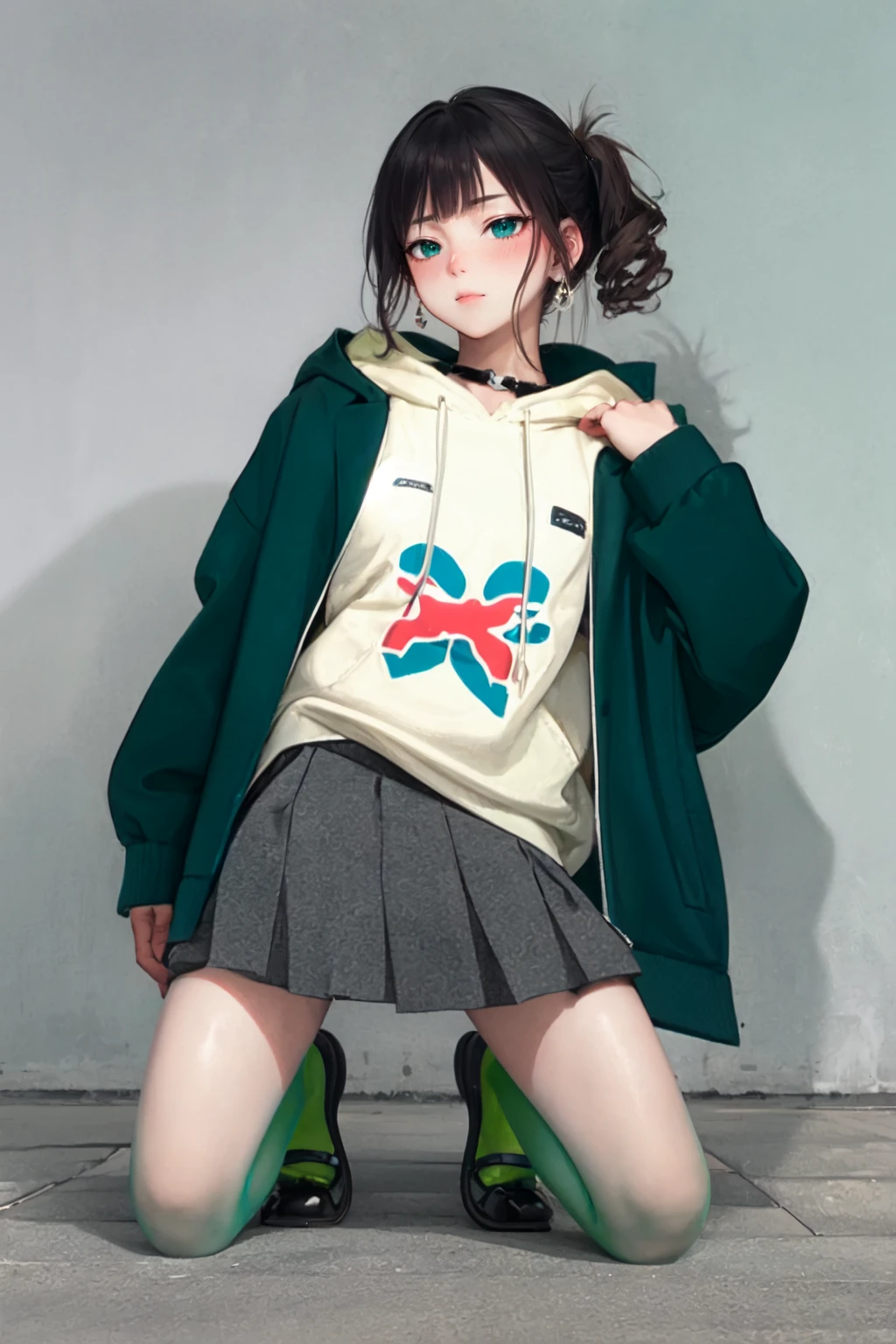 (masterpiece, best quality, absurdres, 8k:1.2),best lighting,simple_background,gray_background,anime,
1girl,solo,full_body,kneeling,dynamic pose,dark_curly_hair,blush,
earrings,oversized_jacket,pleated_miniskirt,long_legs,two-tone legwear,green_pantyhose,sneakers,<lora:gradient-000004:1:1:lbw=StocTest>,