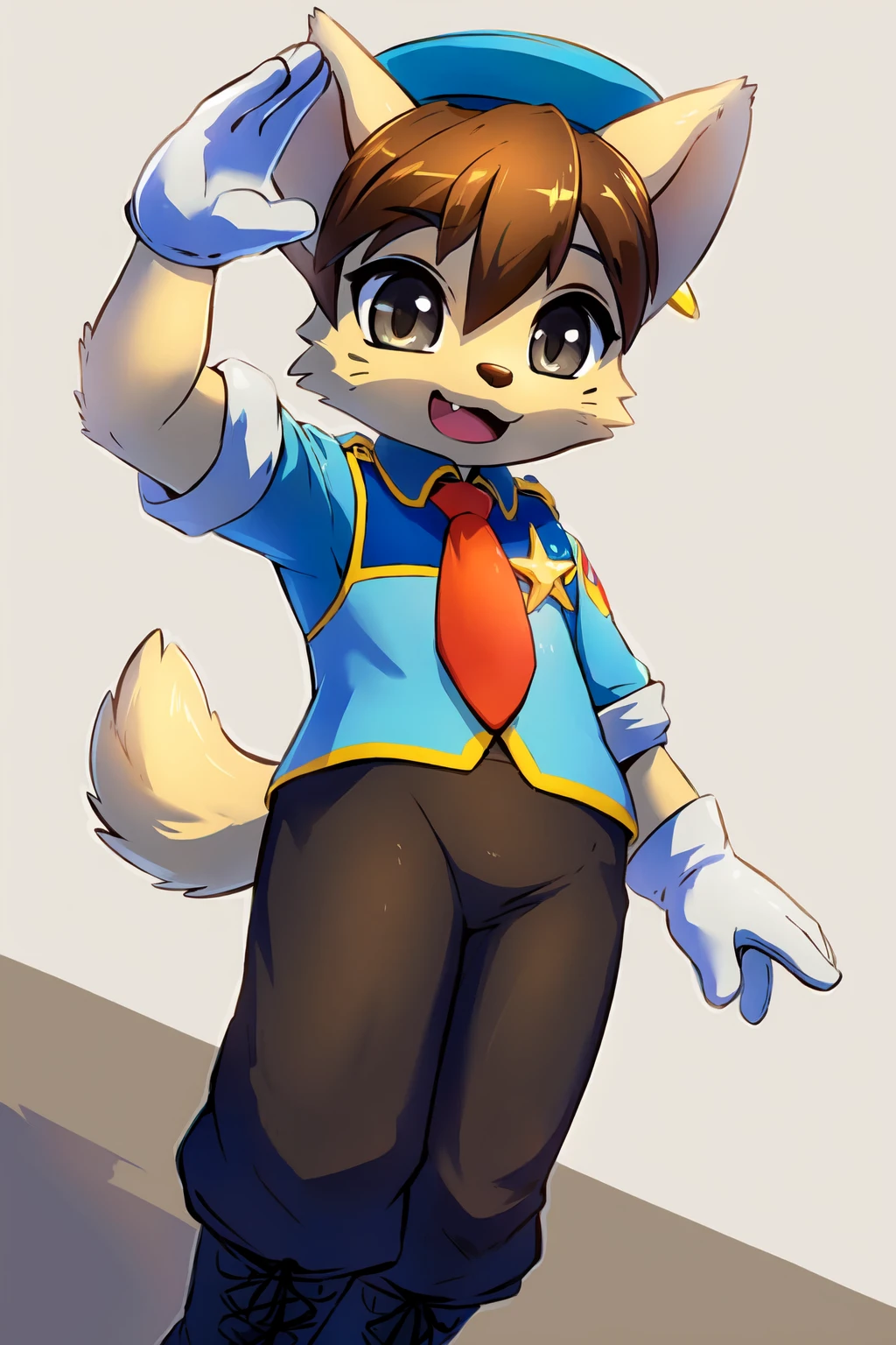 waffletc, 1boy, solo, by rilex lenov, dutch angle, furry male, dog boy, police uniform, police hat, boots, gloves, short sleeves, badge, pants, animal nose, animal ears, grey eyes, standing, detailed eyes, body fur, whiskers, brown hair, open mouth, :3, :d, fang, tail, red necktie, full body, arm up, salute, (masterpiece, best quality:1.3) simple background, white background, 8k, hdr <lora:waffleTC:1>