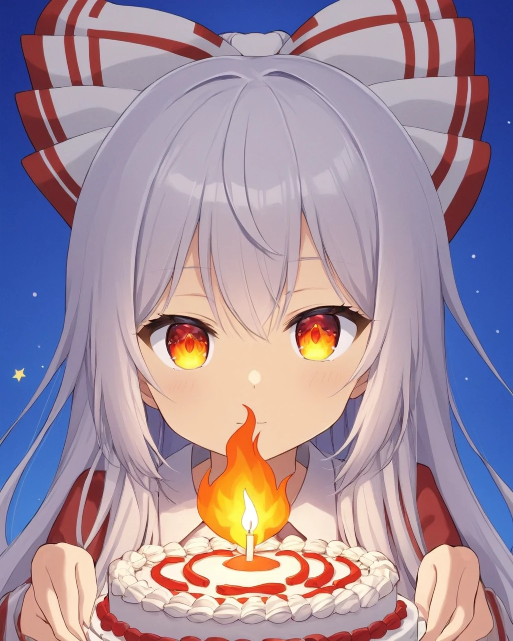 fujiwara no mokou,1girl, solo, birthday_cake, burning, hair_bow, shaded_face, simple_background, candle, flame, looking_at_viewer, blue_background, border
<lora:fujiwara_no_mokou_image4672_2023-12-14-000008:1>,star-shaped_pupils,symbol-shaped_pupils,. gorgeous,key visual, vibrant, studio anime,award-winning, professional, highly detailed,high budget, cinemascope